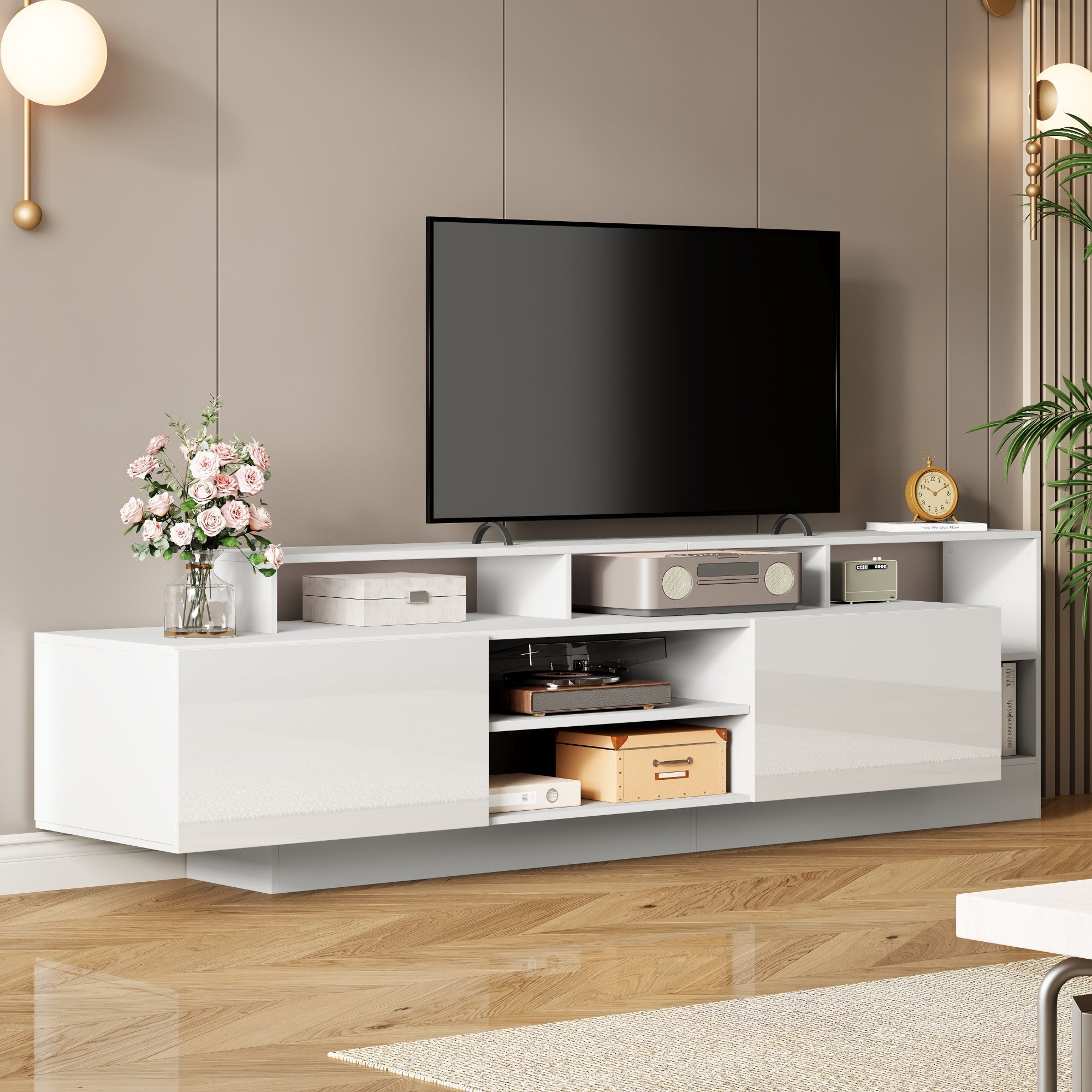 Modern TV Lowboard 190cm LED Open Storage for 70" TV - High-Gloss