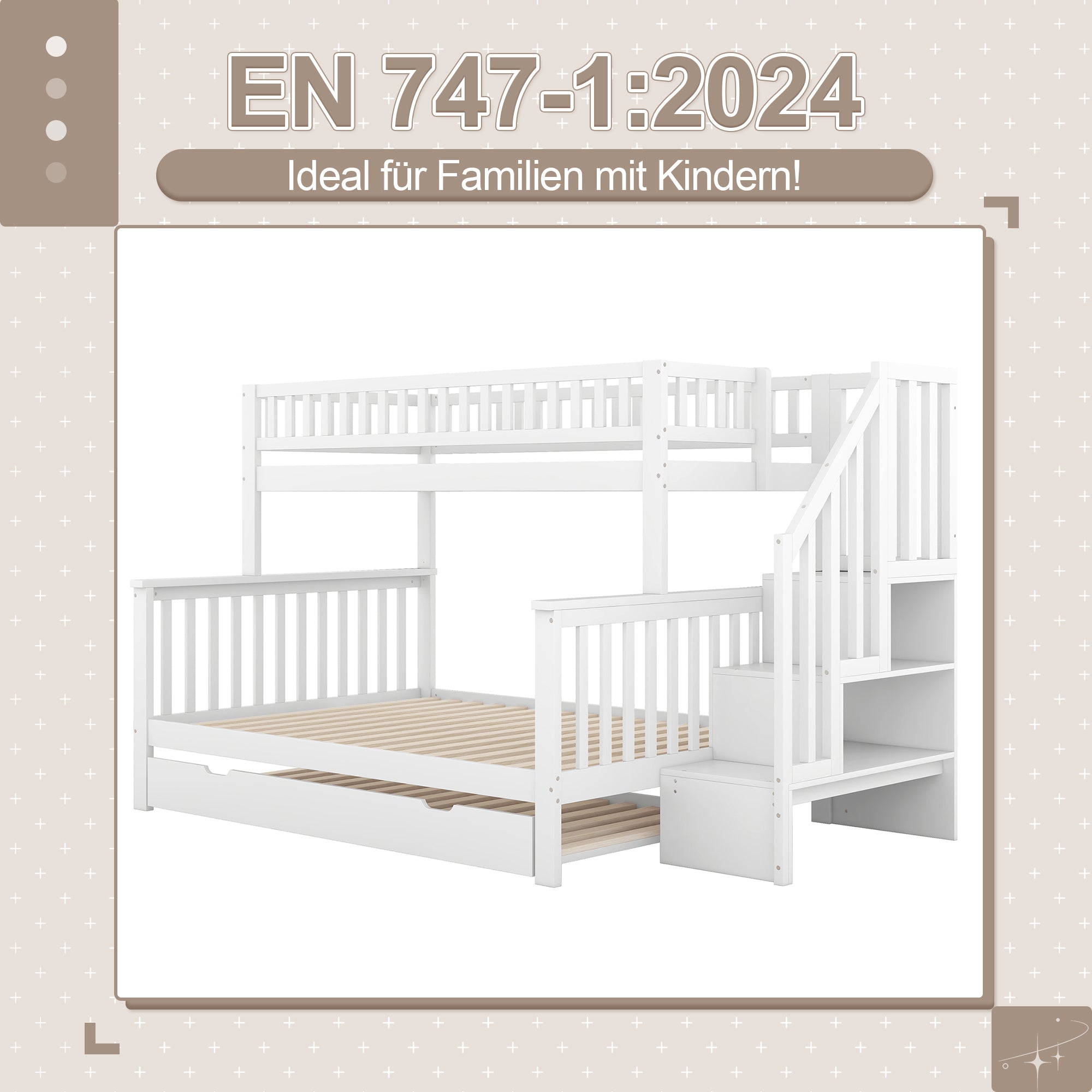 Bunk Bed 90x200cm/140x200cm with Stairs & Rolling Container, Pine Wood White