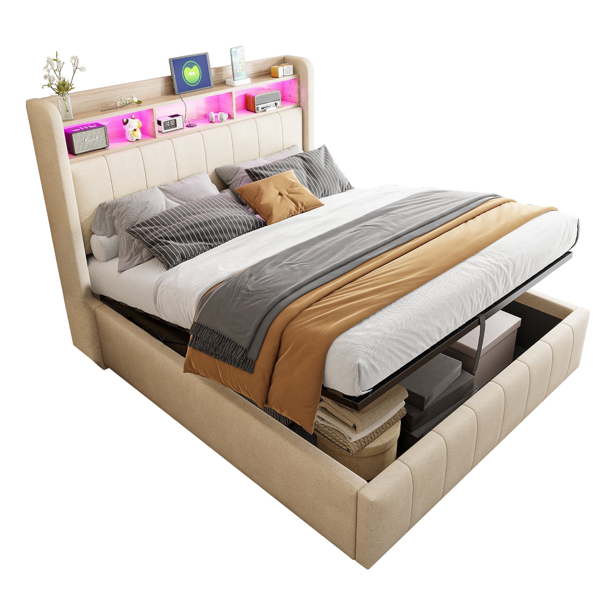 Upholstered Bed 140*200cm, LED Lighting, USB Socket, Headboard with Shelves, Hydraulic Storage, Double Bed, Beige Linen Fabric