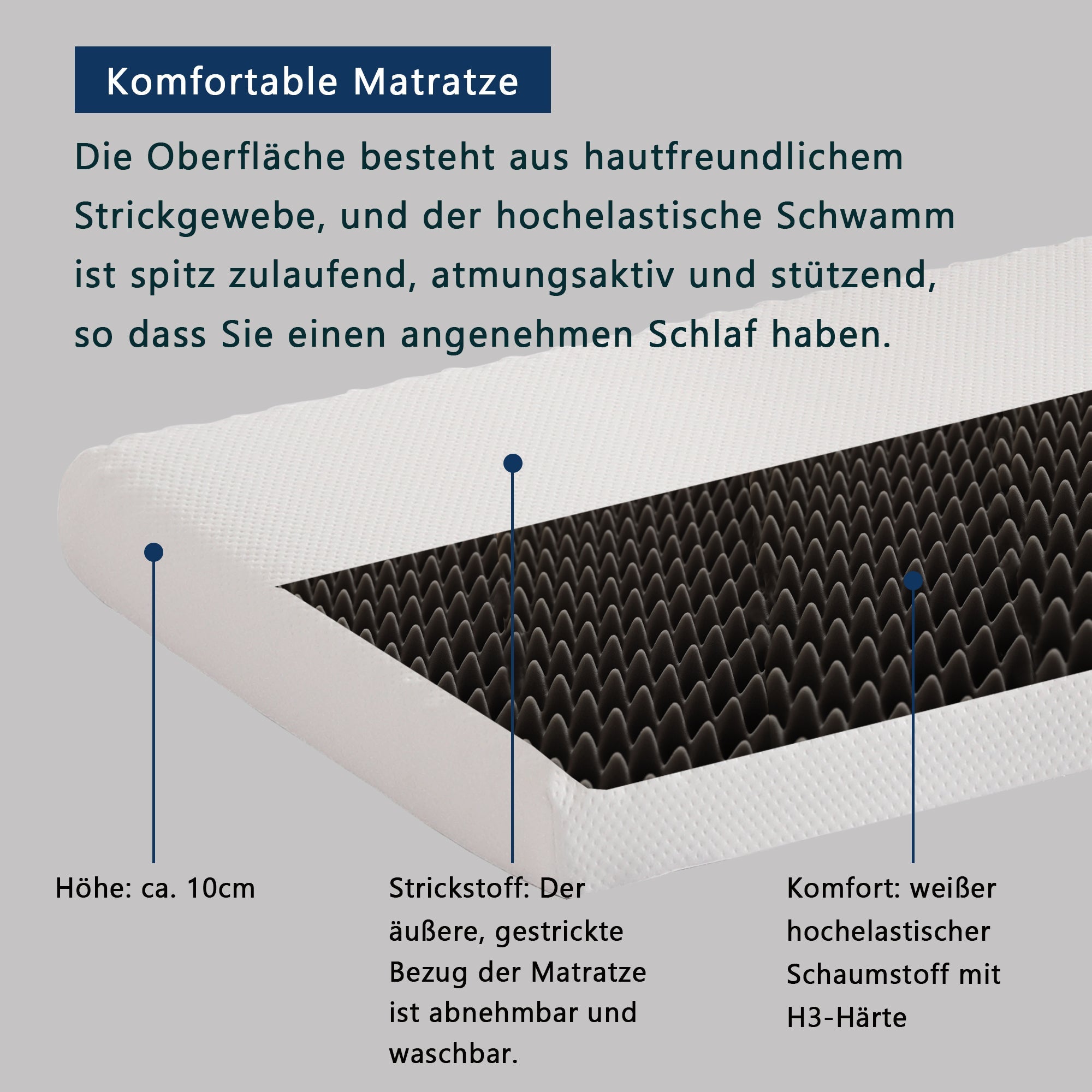 Mattress Honeycomb Bamboo Charcoal Sponge H3 90x200cm, White/Grey Fabric
