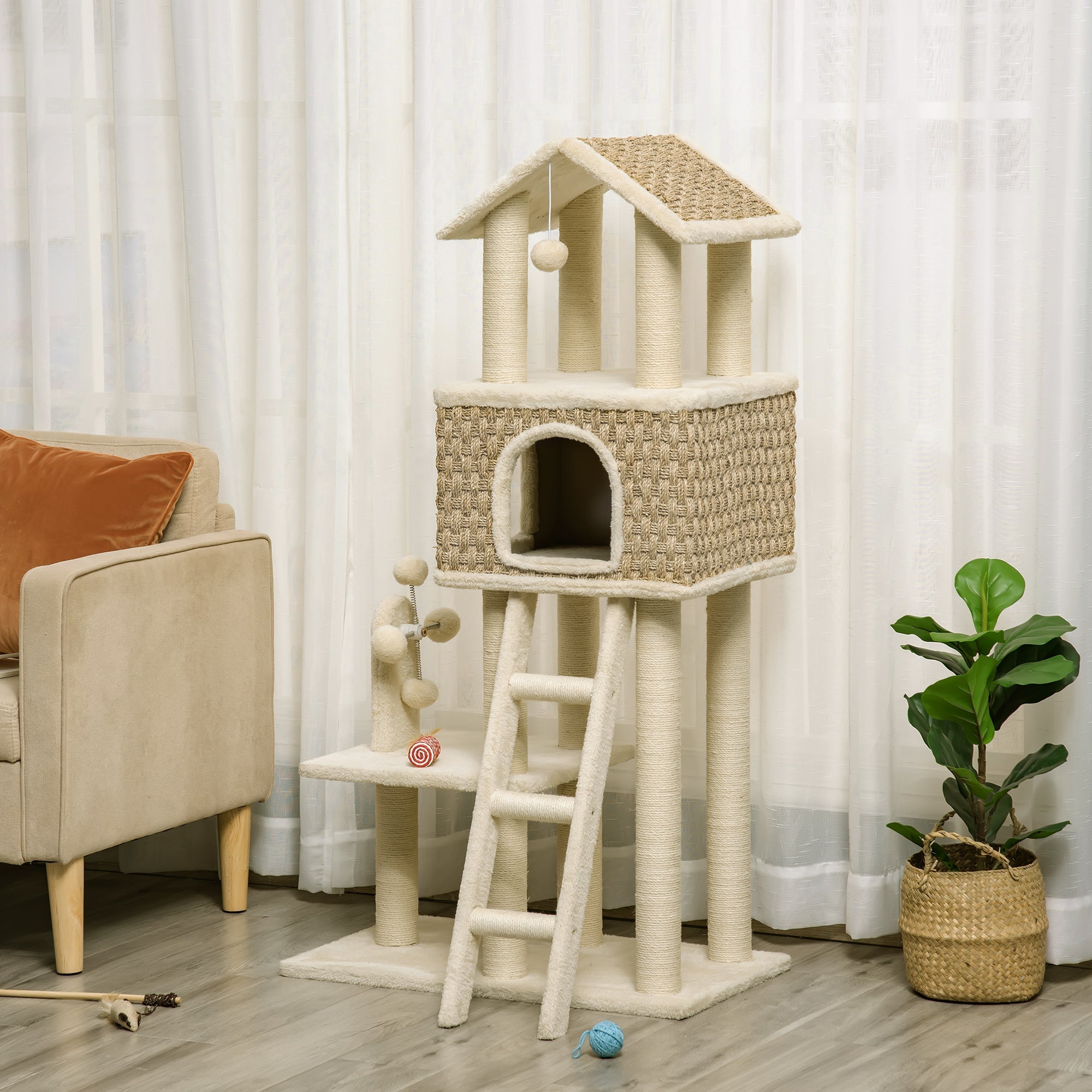 Cat Tree Large 130cm, Cat Cave & Play Balls, Khaki+Beige Chipboard Plush