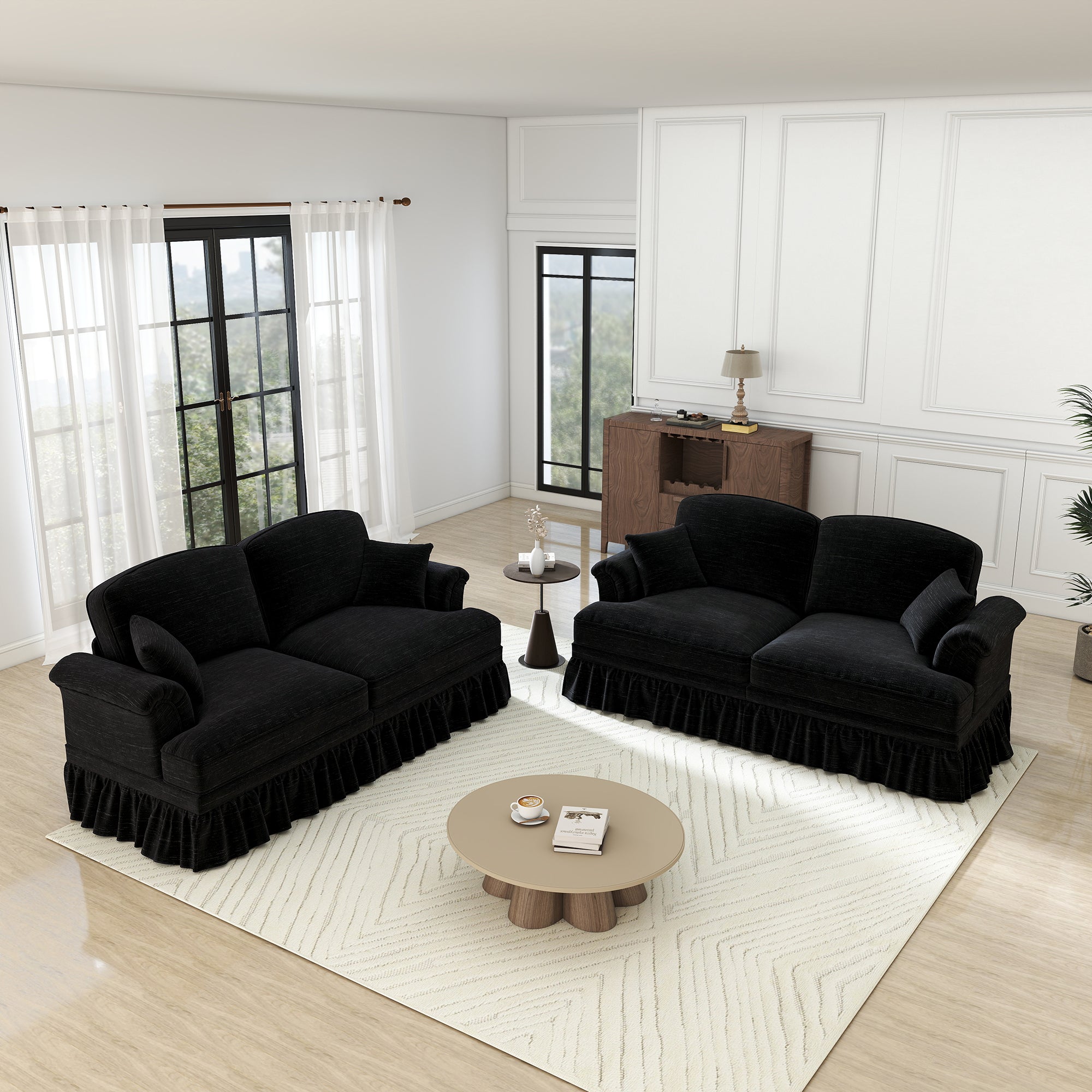 Mid-Century L-Shaped 2-Seater Sofa with Movable Ottoman - Black Chenille