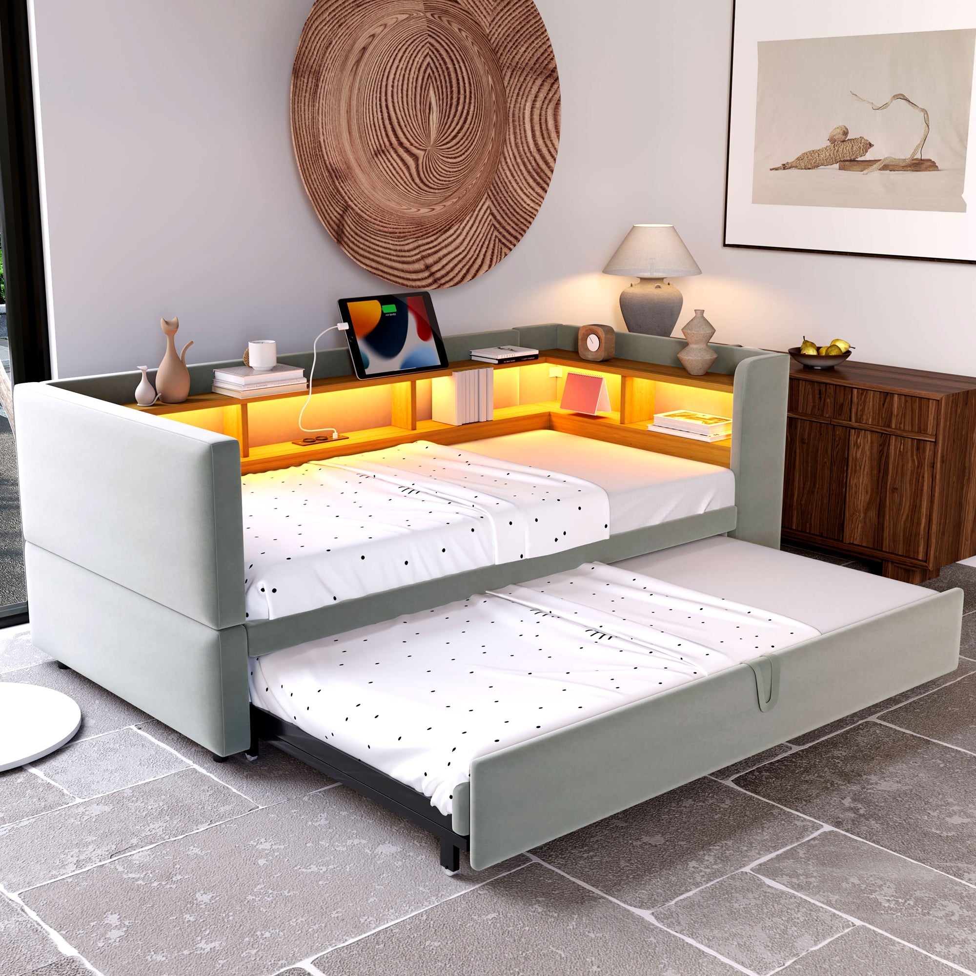 Upholstered Sofa Bed Extendable 90/180x190cm LED Lights Storage Light Grey