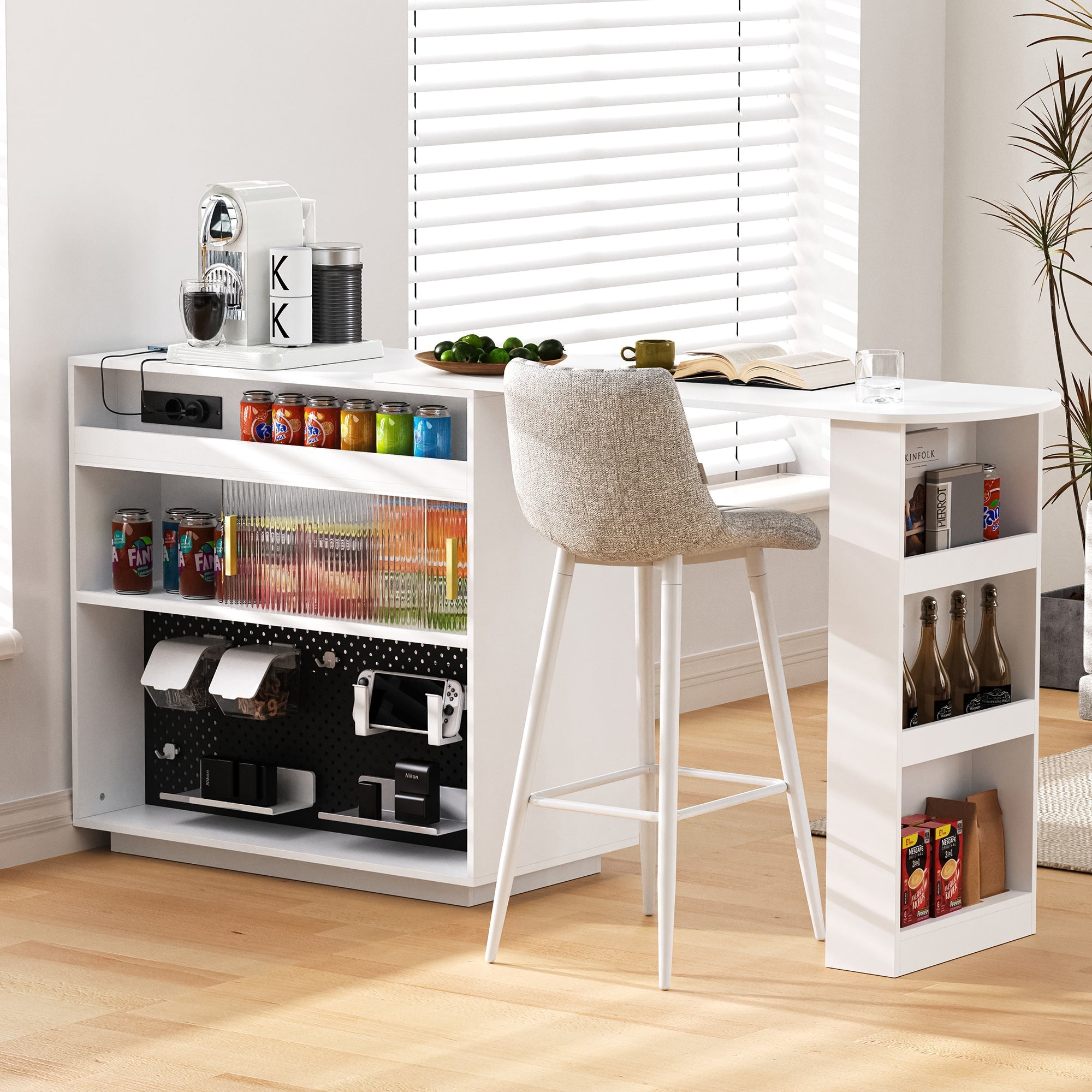 Bar Table Extendable 360° Rotating Sideboard LED Storage Sockets White