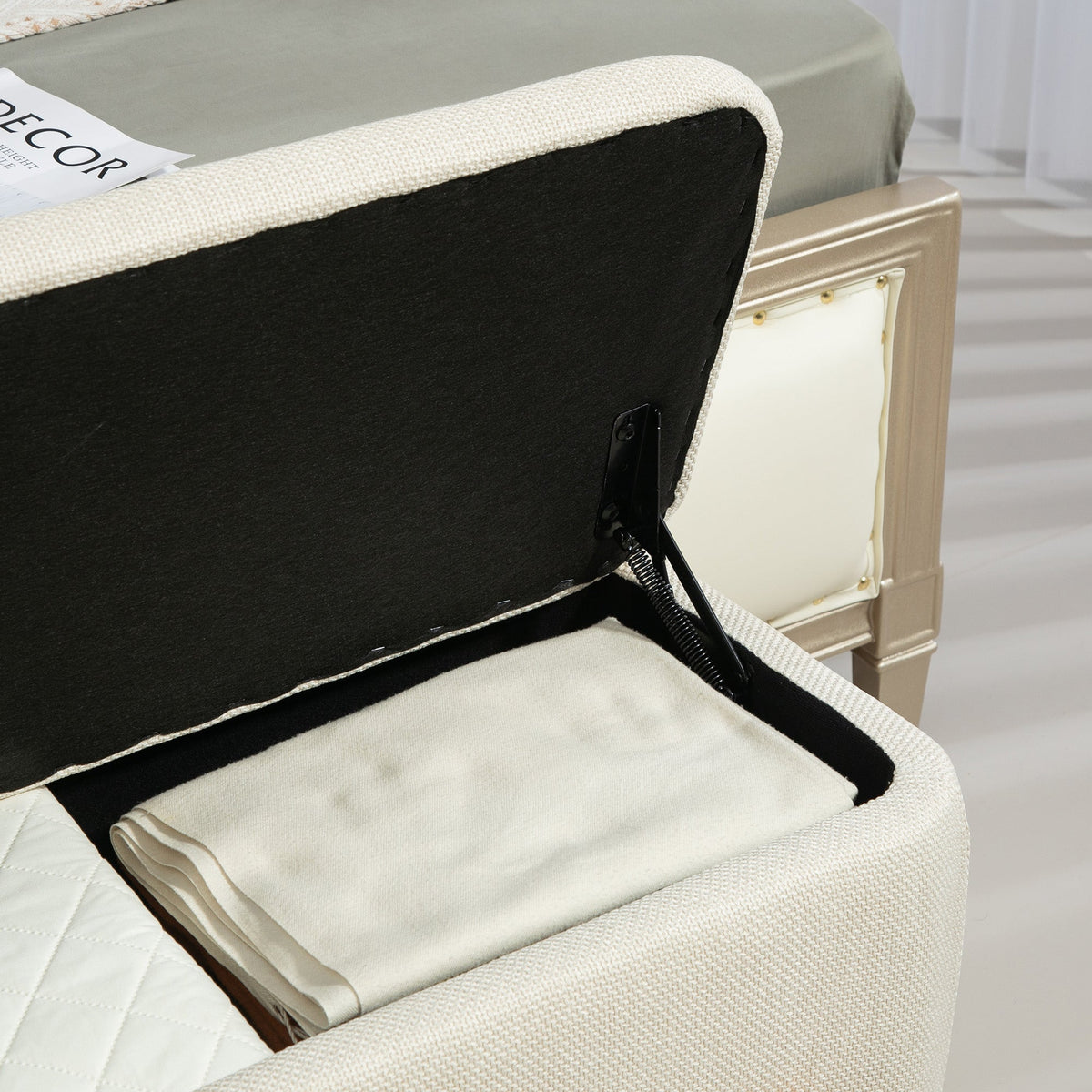 Storage Bench, Upholstered with Safety Hinges & Wooden Legs, Linen Look