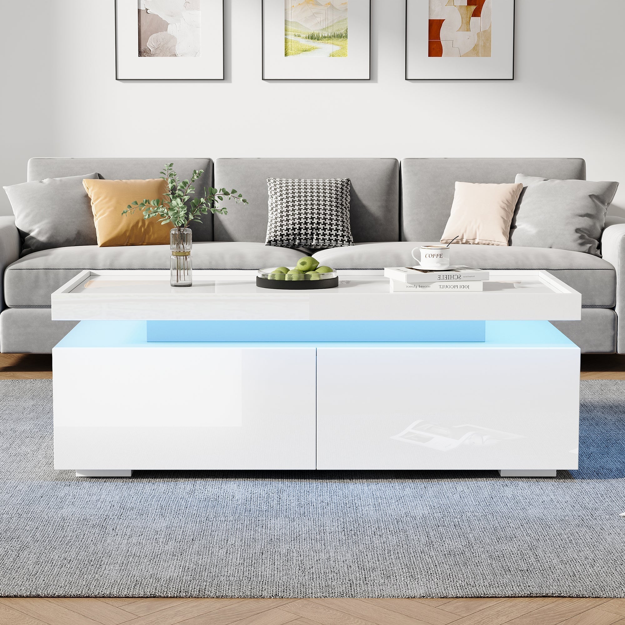 Coffee Table LED High-Gloss with 2 Drawers Geometric Design White