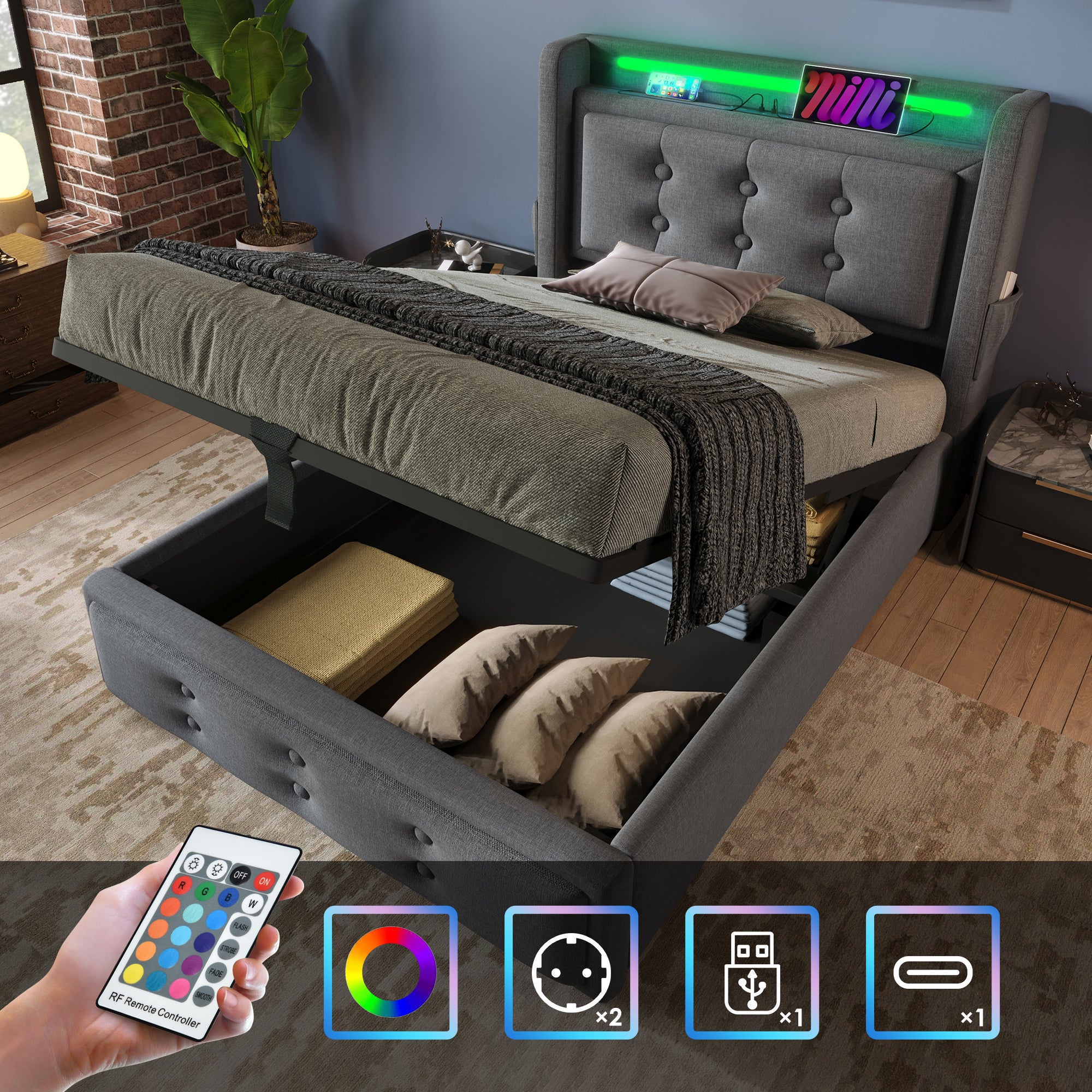 Upholstered Bed 90x200 Single Hydraulic LED/USB-C Grey Cotton
