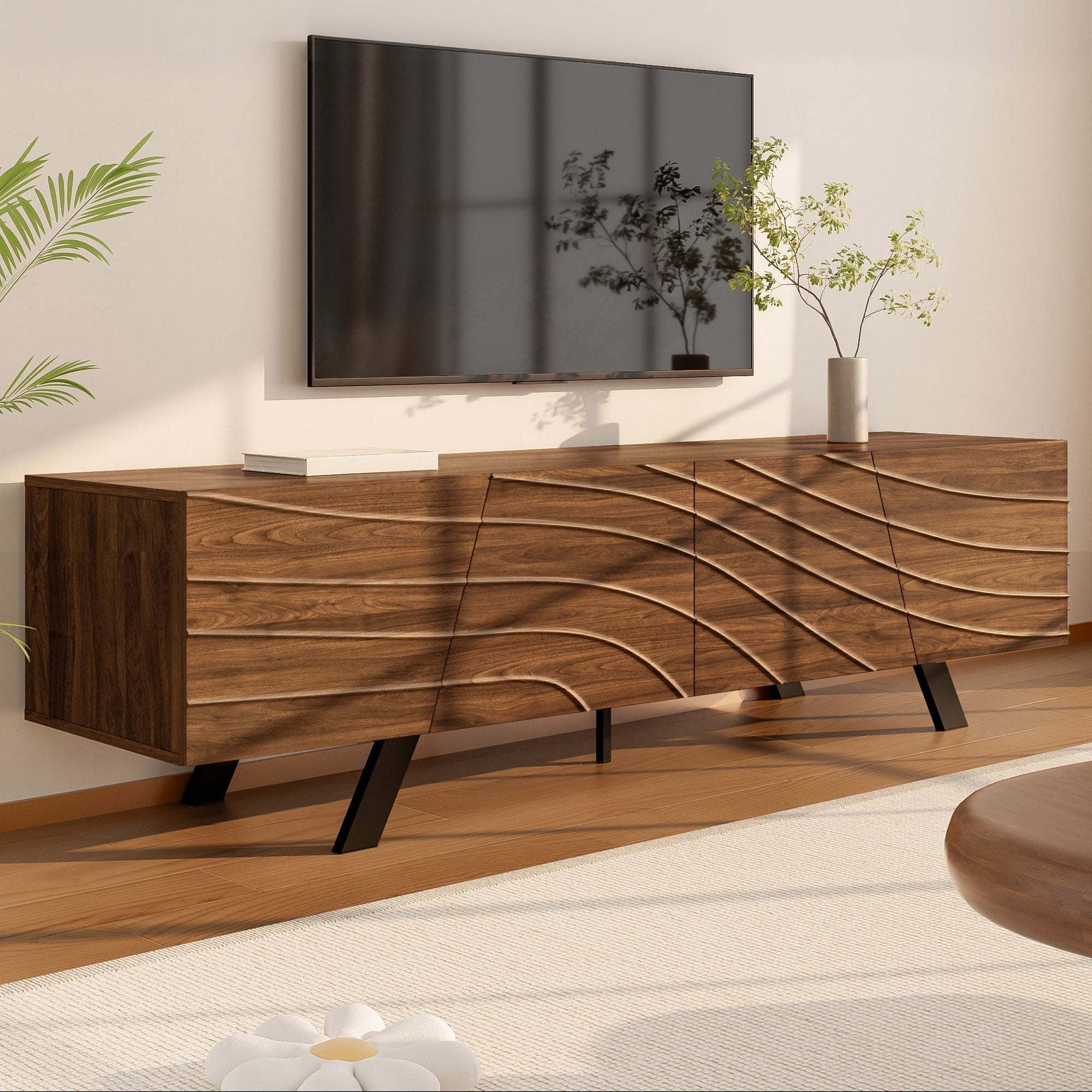 TV Cabinet Lowboard Modern Wave Front 160cm Large Storage Walnut/Black