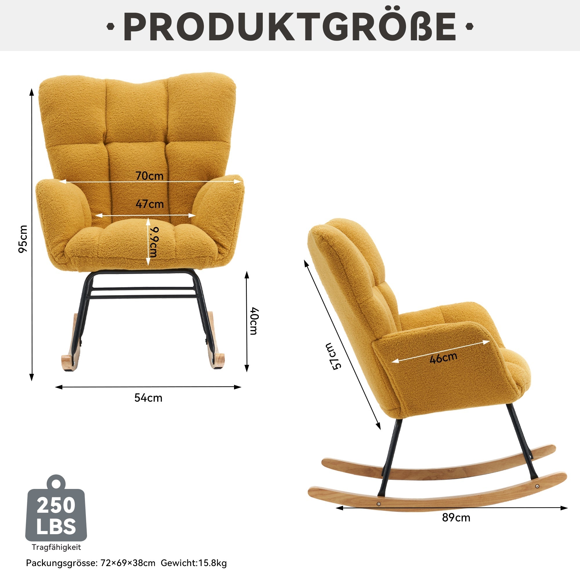 Mid Century Modern Rocking Chair with Tufted Cover, Padded Seat, Teddy Fabric, Yellow