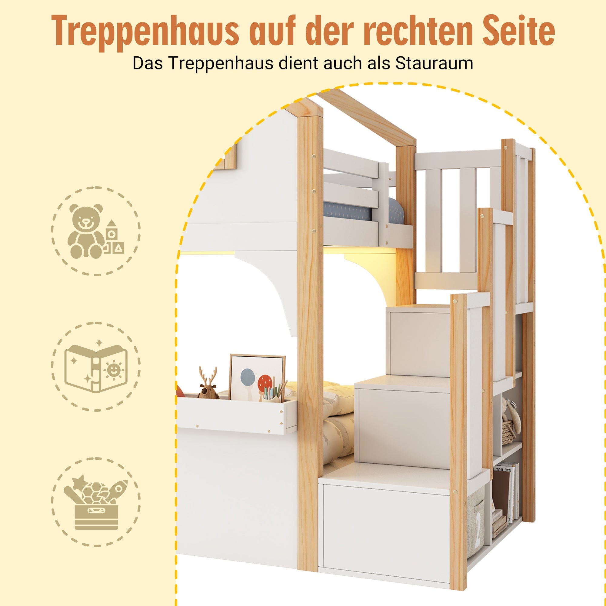 Bunk Bed House 90x200cm Wooden with LED Storage Stairs White + Natural