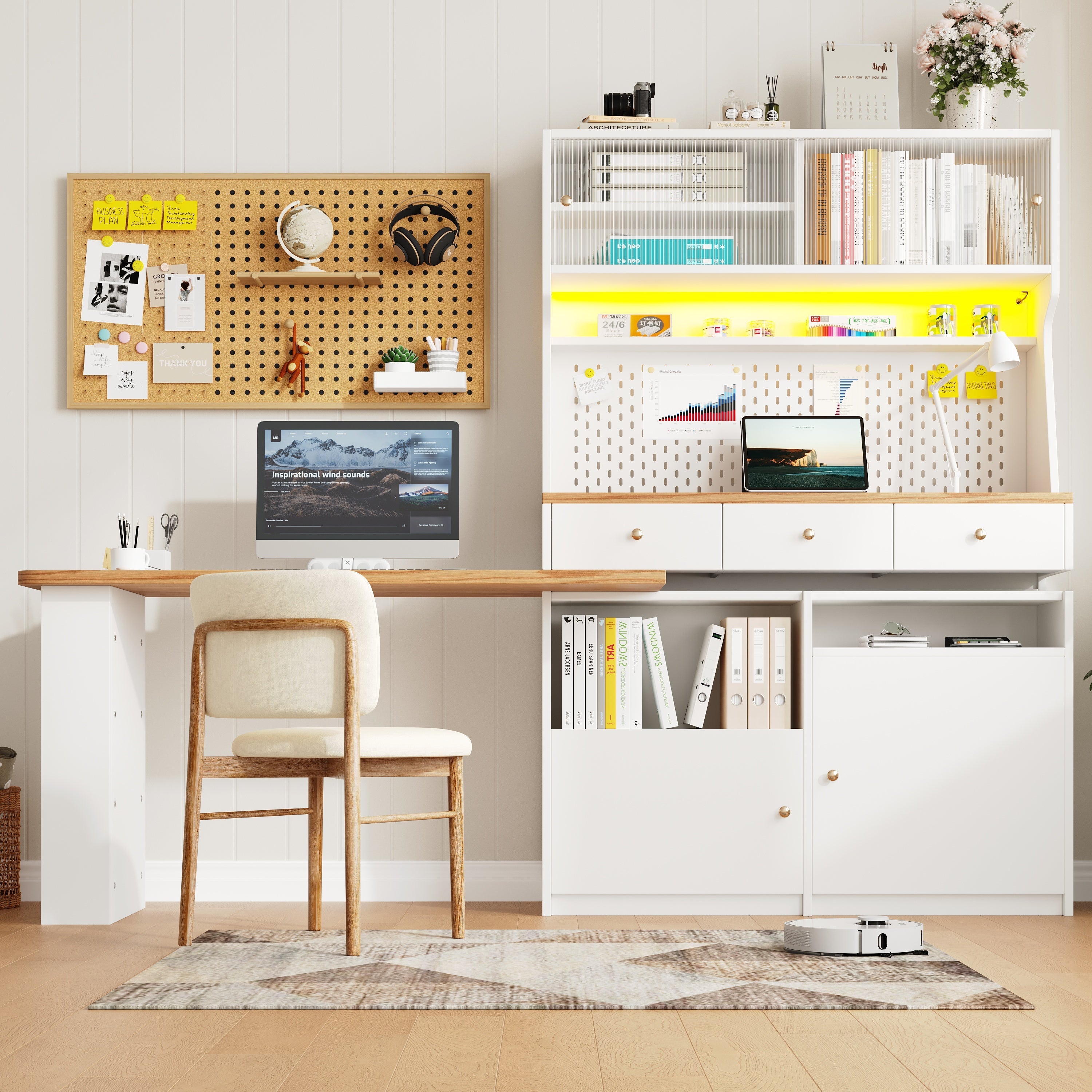 Kitchen Cabinet Tall Buffet with 2 Doors, 3 Drawers, 137x45x178cm, White