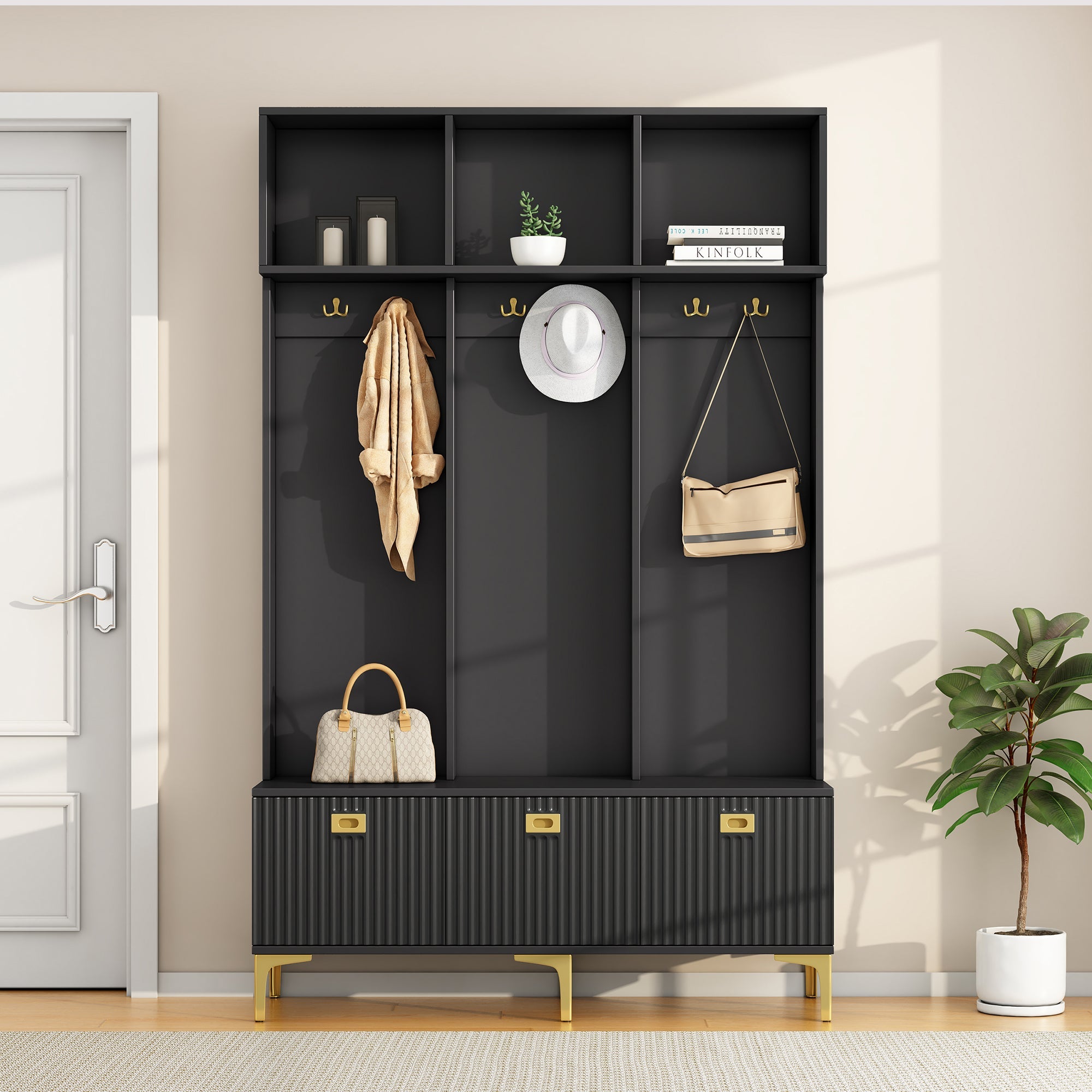 Wardrobe Set with Bench, Multifunctional Storage, Open Storage, 6 Golden Hooks, Black