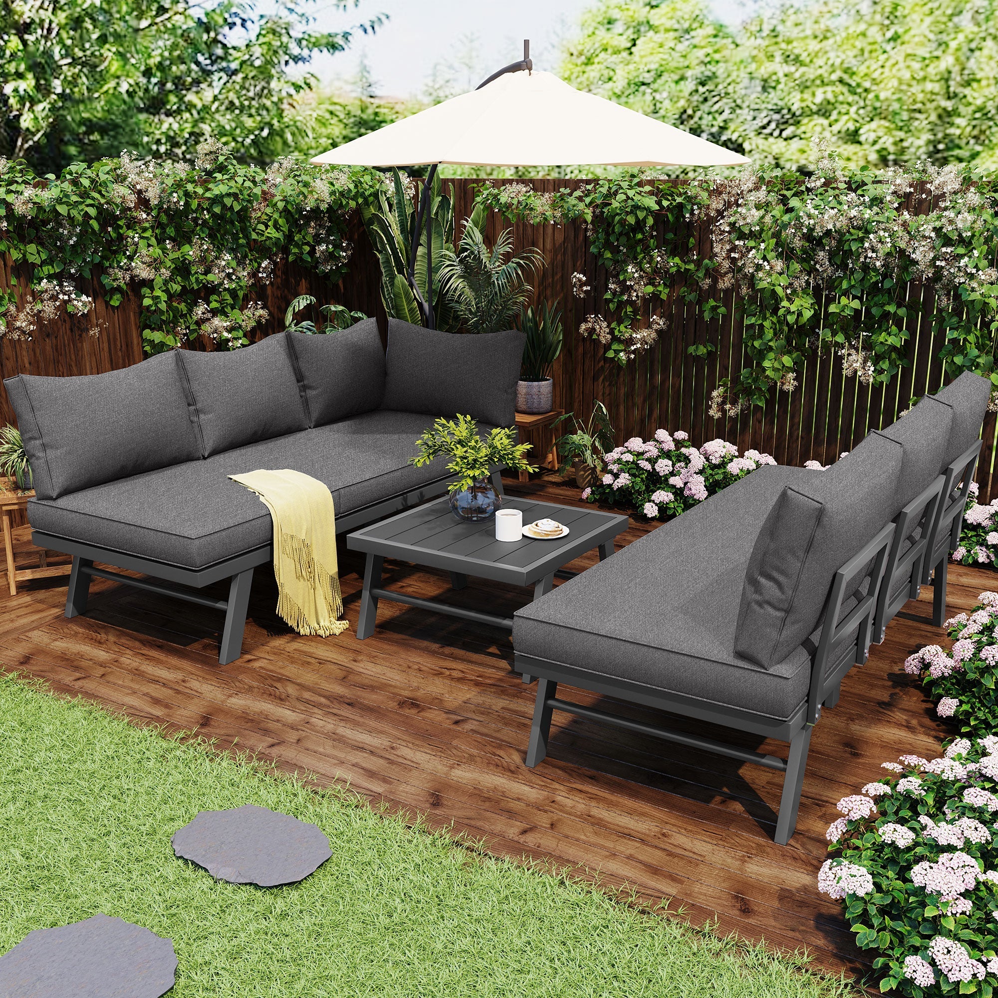 Garden furniture set lounge chair set 5-6 people 2 3-seater sofas 1 table with 7 gray cushions dark gray galvanized iron