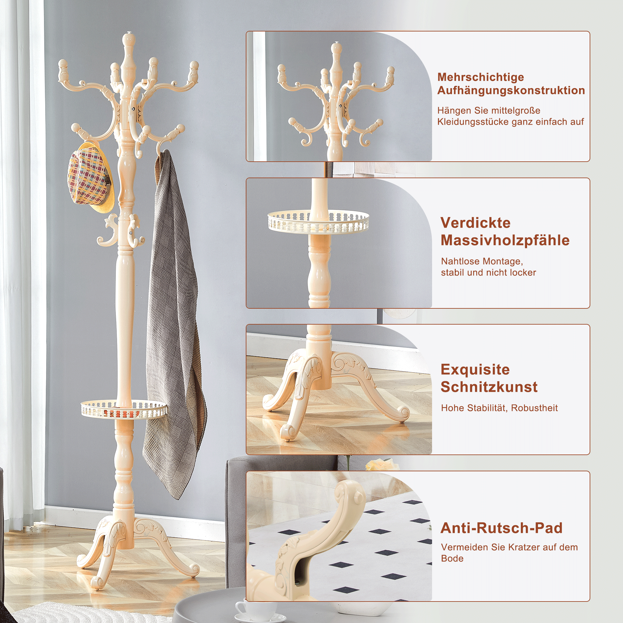 Clothes Rack European Solid Wood Multiple Hooks - Creamy White