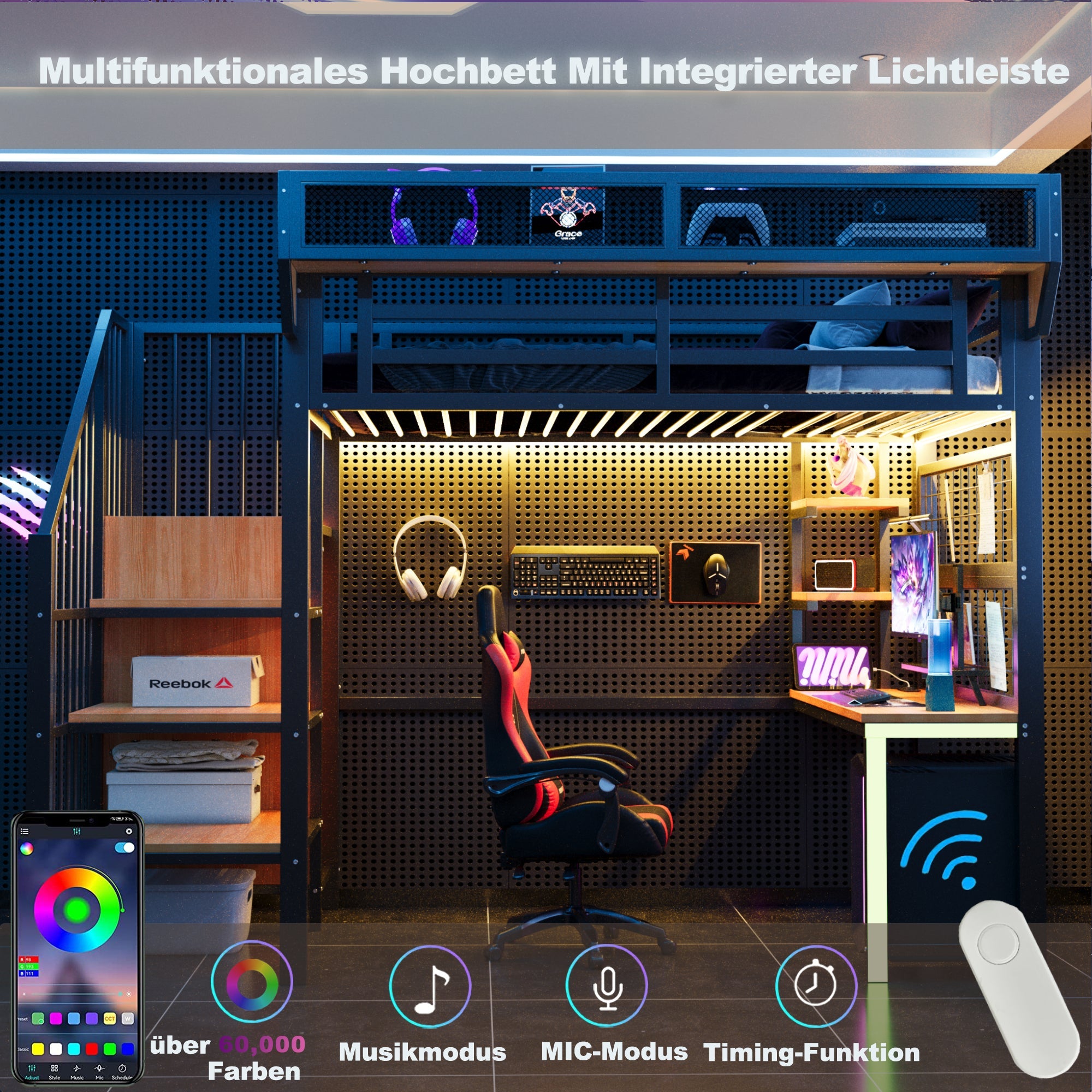 Metal Loft Bed with Desk, Shelf, LED Lighting and Socket, 90x200cm, Bl ...