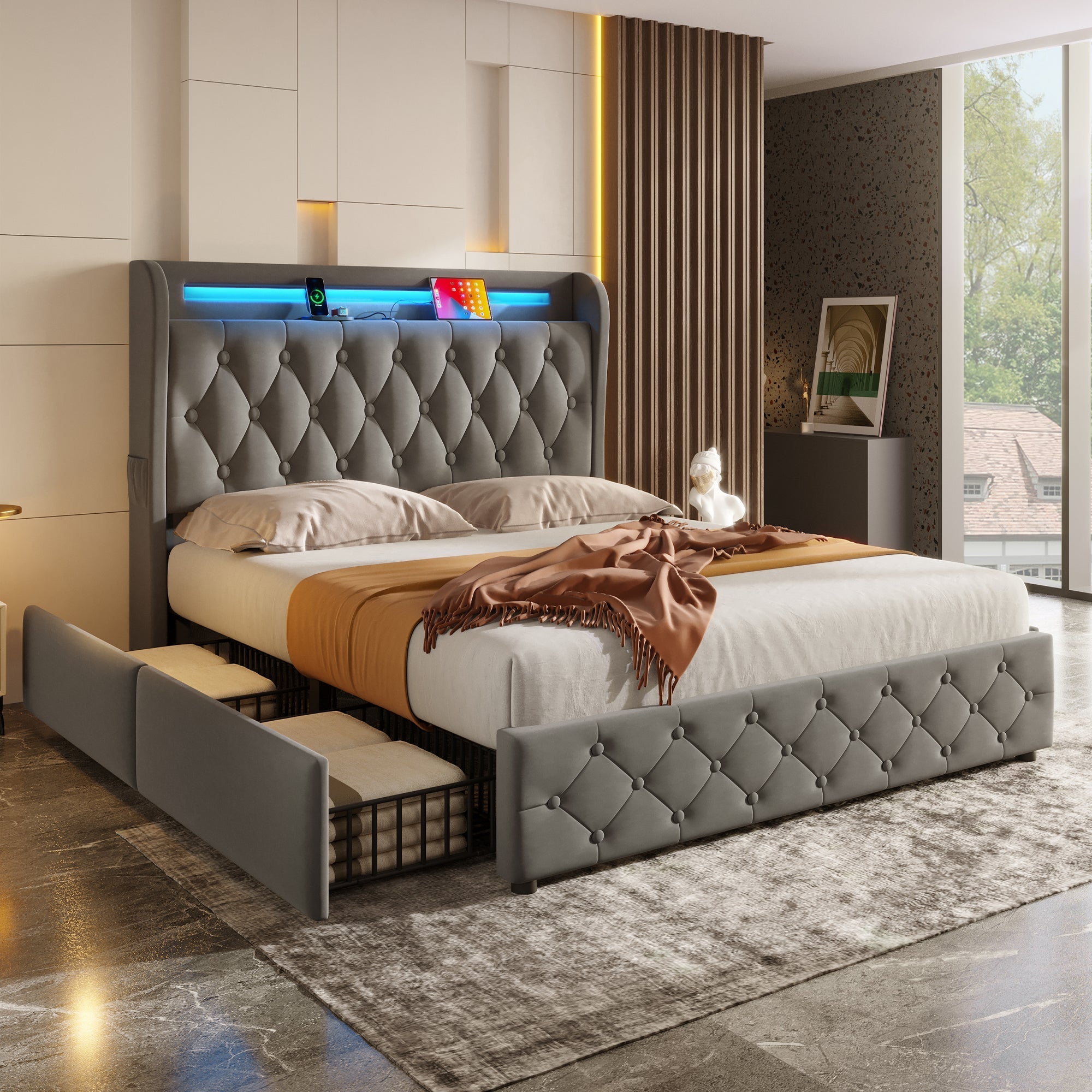 Upholstered Bed 140x190cm LED USB Storage Headboard 4 Drawers - Velvet