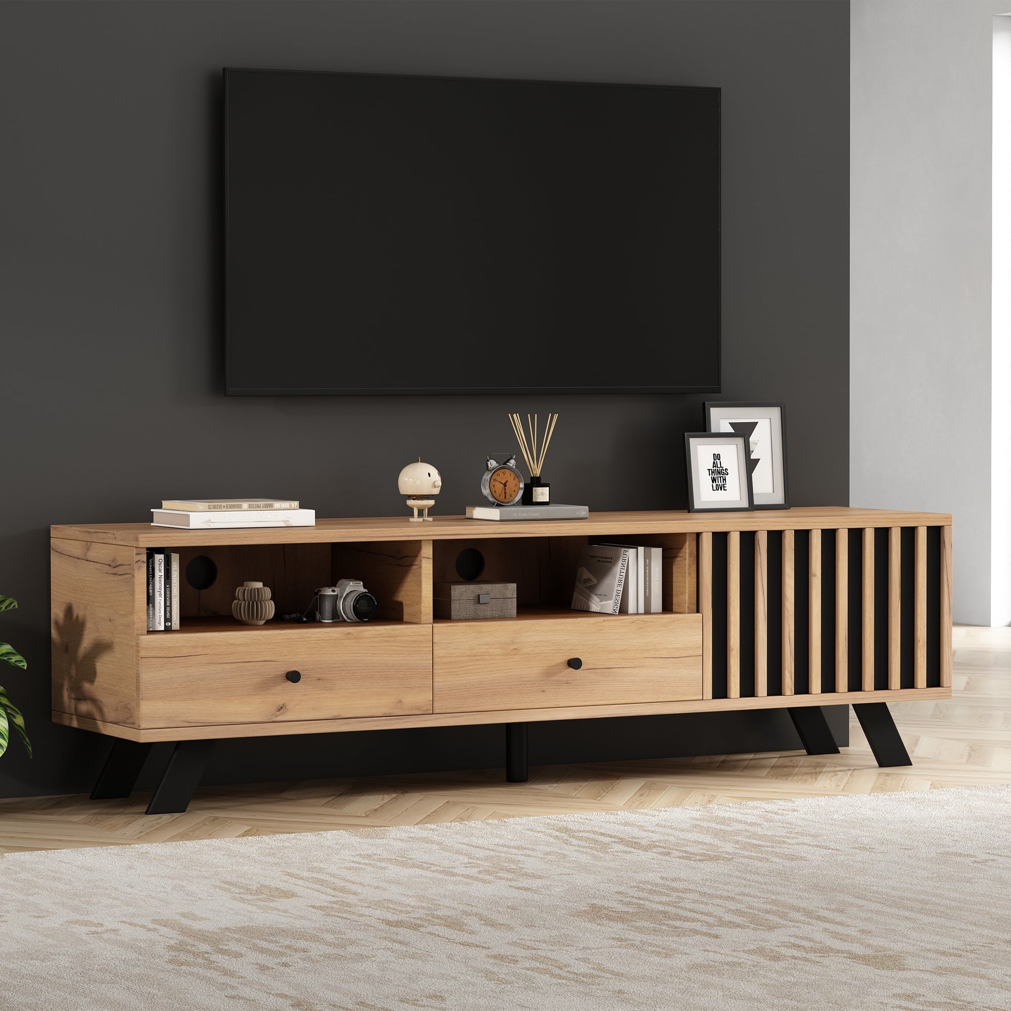 TV Cabinet 150cm with 2 Drawers, Lowboard for 60-inch TV, Wood Color
