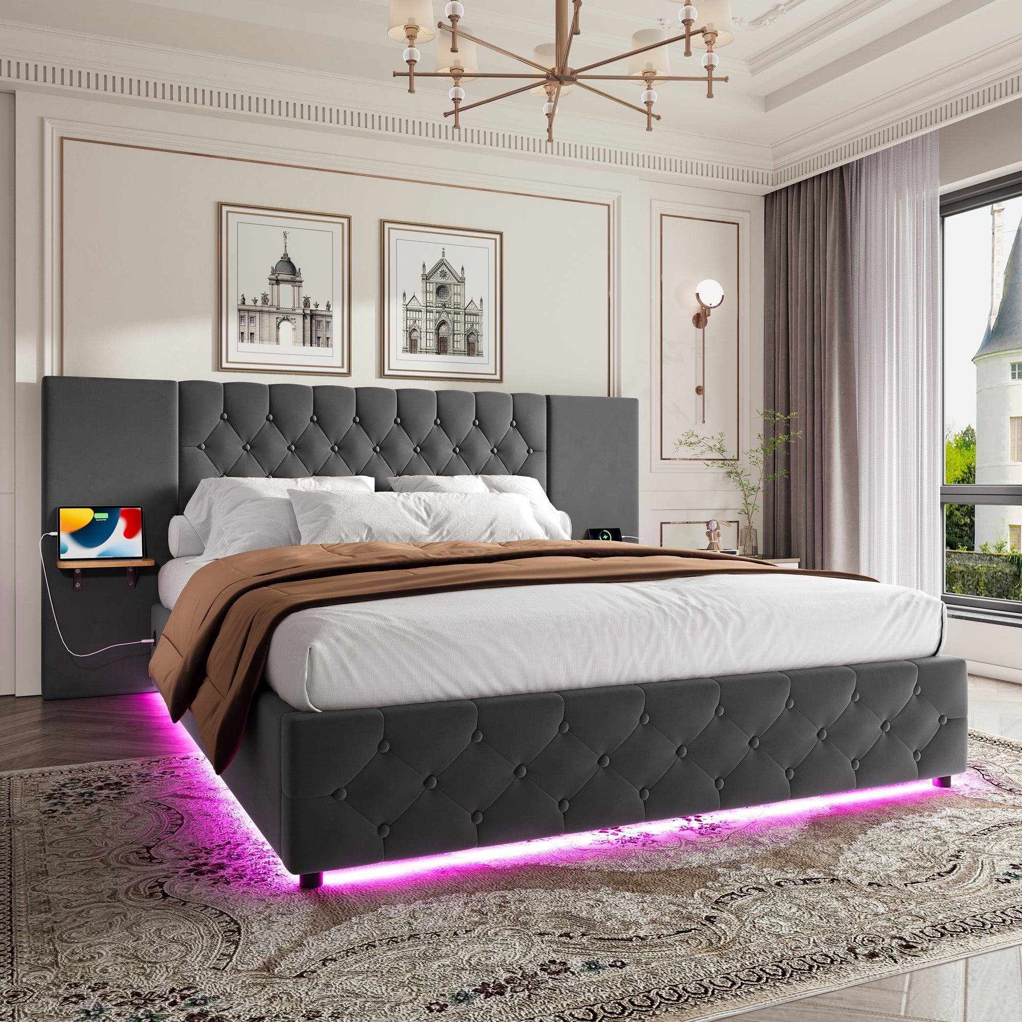 Modern Bed Frame 150x200cm, Wide Headboard, LED, USB-C Ports, Hydraulic Storage, Gray