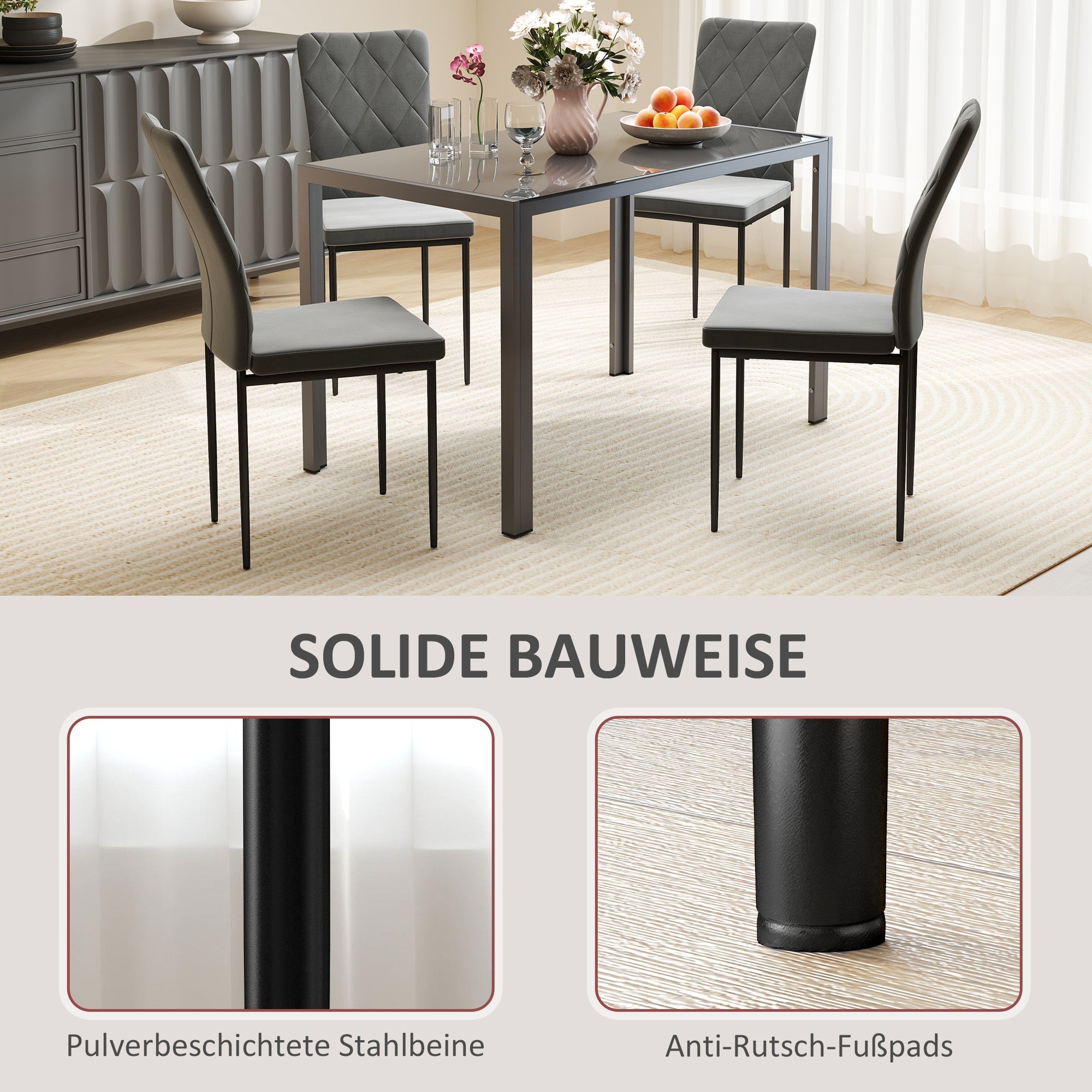 Esszimmerstühle 4er-Set mit Rückenlehne, Metallbeinen, dunkelgrauem Samt