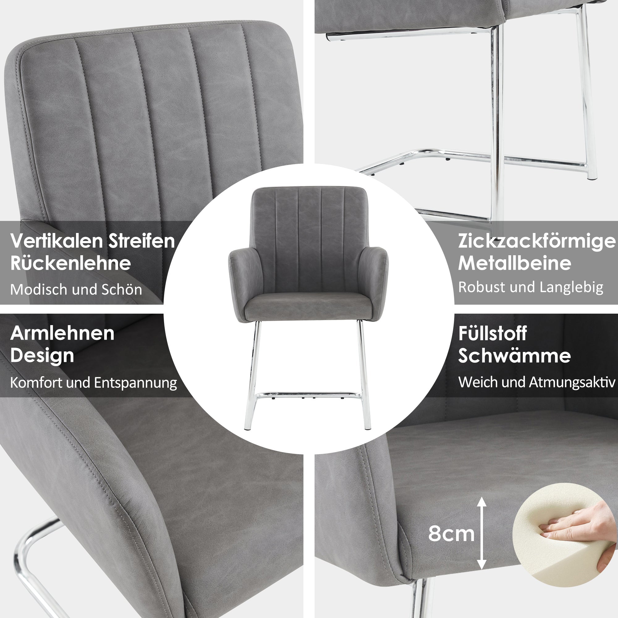 Set of 6 Dining Chairs with Vertical Stripes and Zigzag Metal Legs, Grey Faux Leather