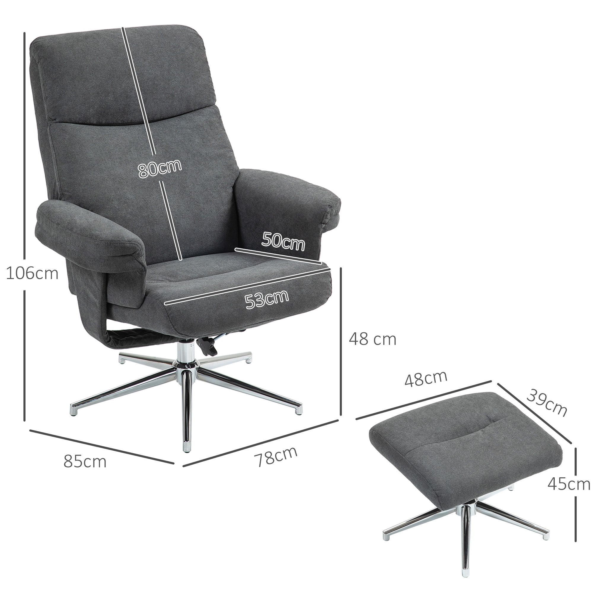Reclining Armchair with Footstool, Upholstered Velvet Lounge Chair, Dark Grey