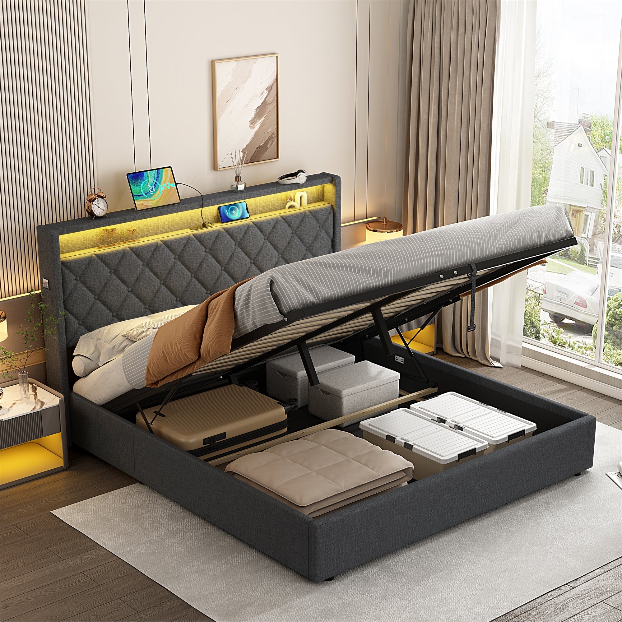 4ft6 Double Upholstered Bed Frame, Hydraulic Storage LED Headboard Charging Station, Linen Grey