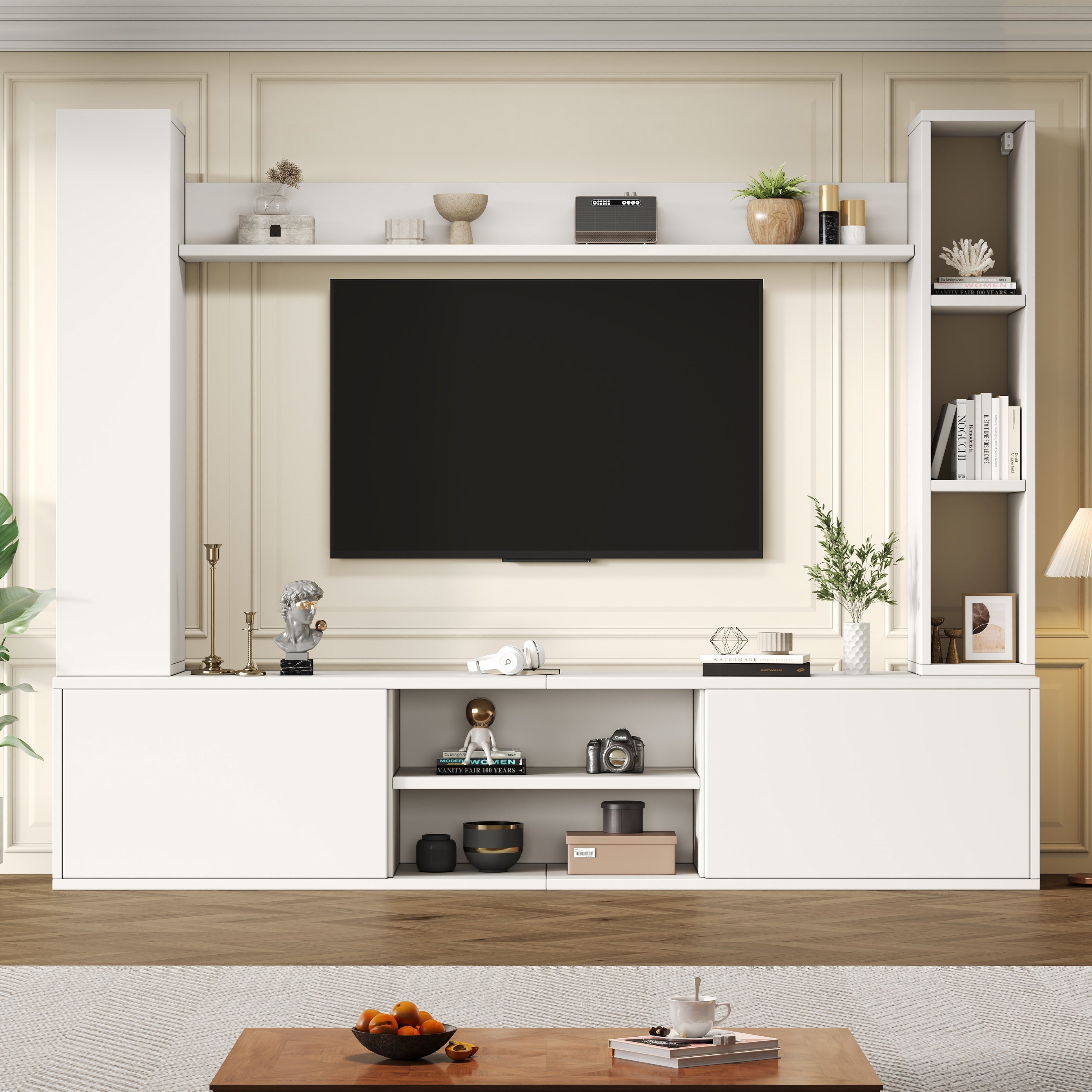 TV Wall Unit Set, 4-Piece Media with Display Cabinets, TV Board, Shelves, White