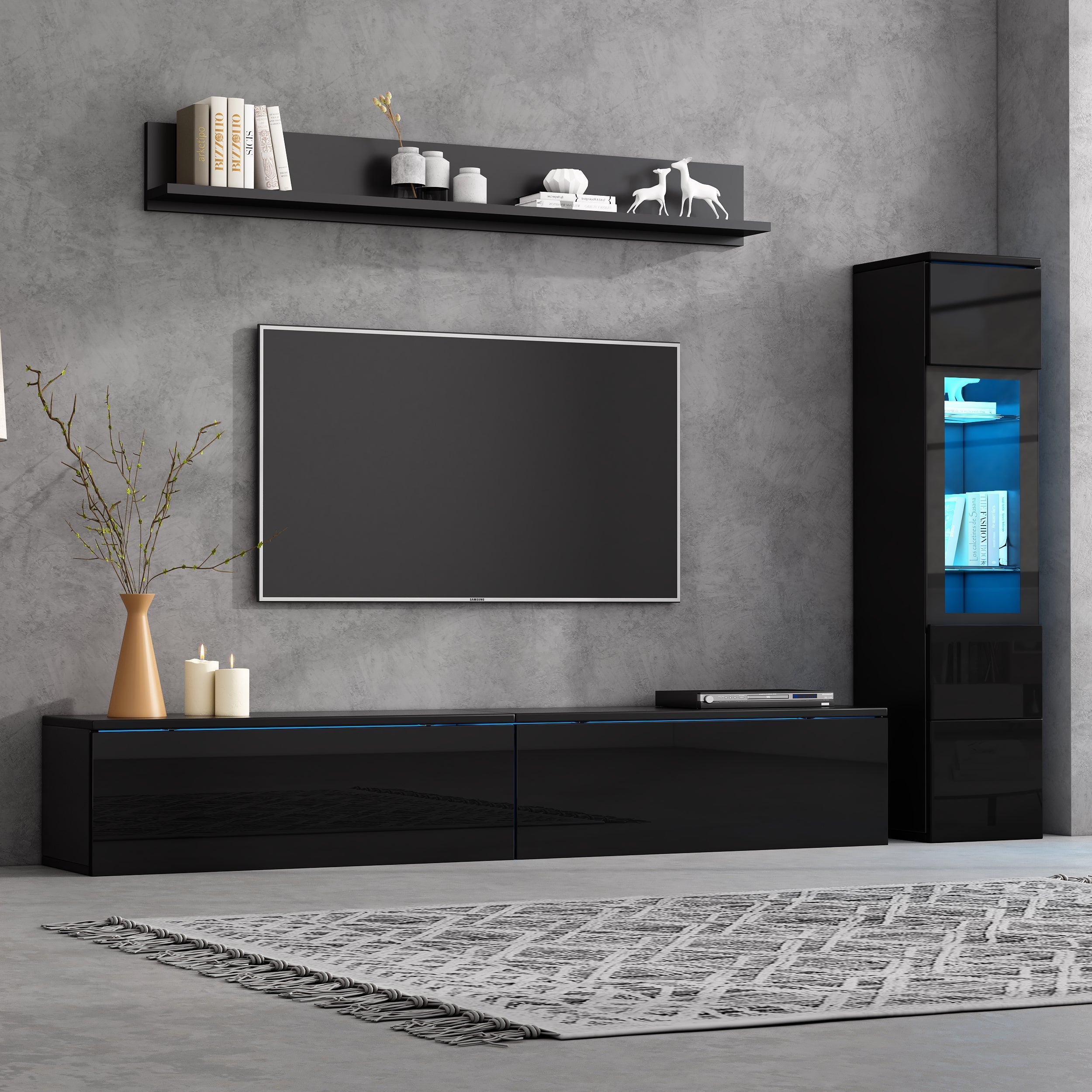 3-Piece TV Wall Unit Set High-Gloss LED Display Cabinet & Shelf Black