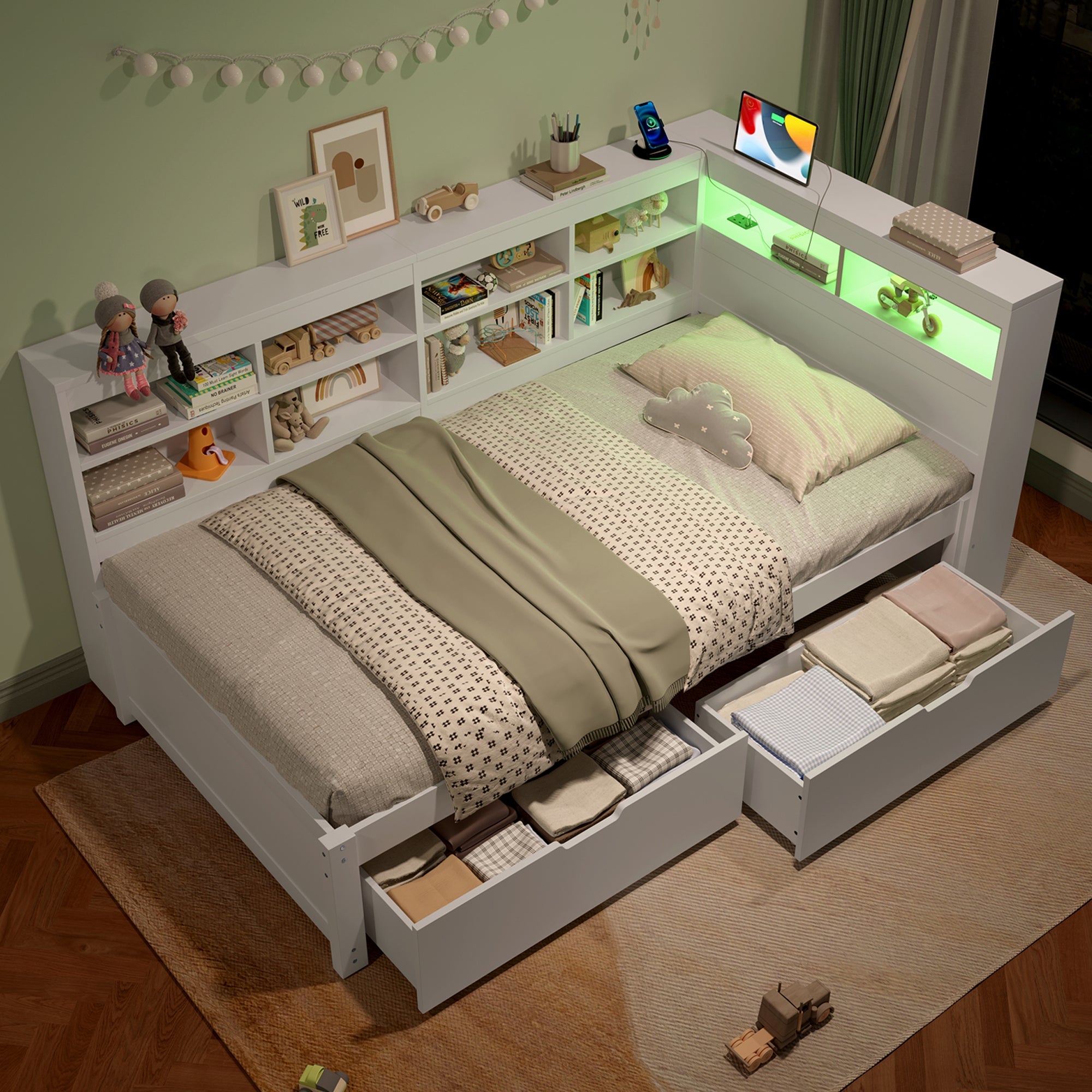 3ft Single Daybed, LED Bed Frame w/ Storage Drawers & Charging Station, Wood, White