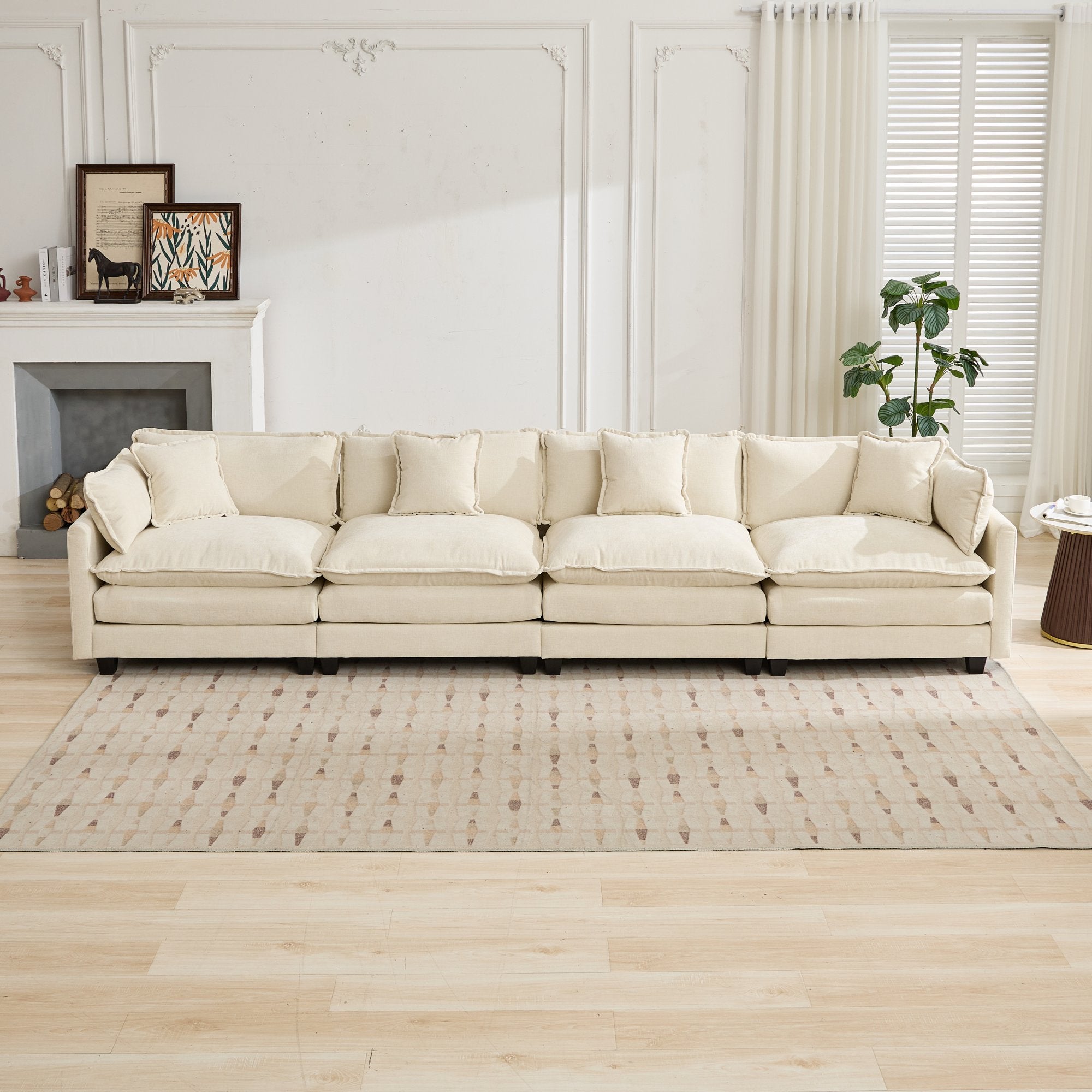 Cloud Sofa 4 Seats, Modern Sectional Couch with Double Layer Cushion, Beige Chenille Fabric