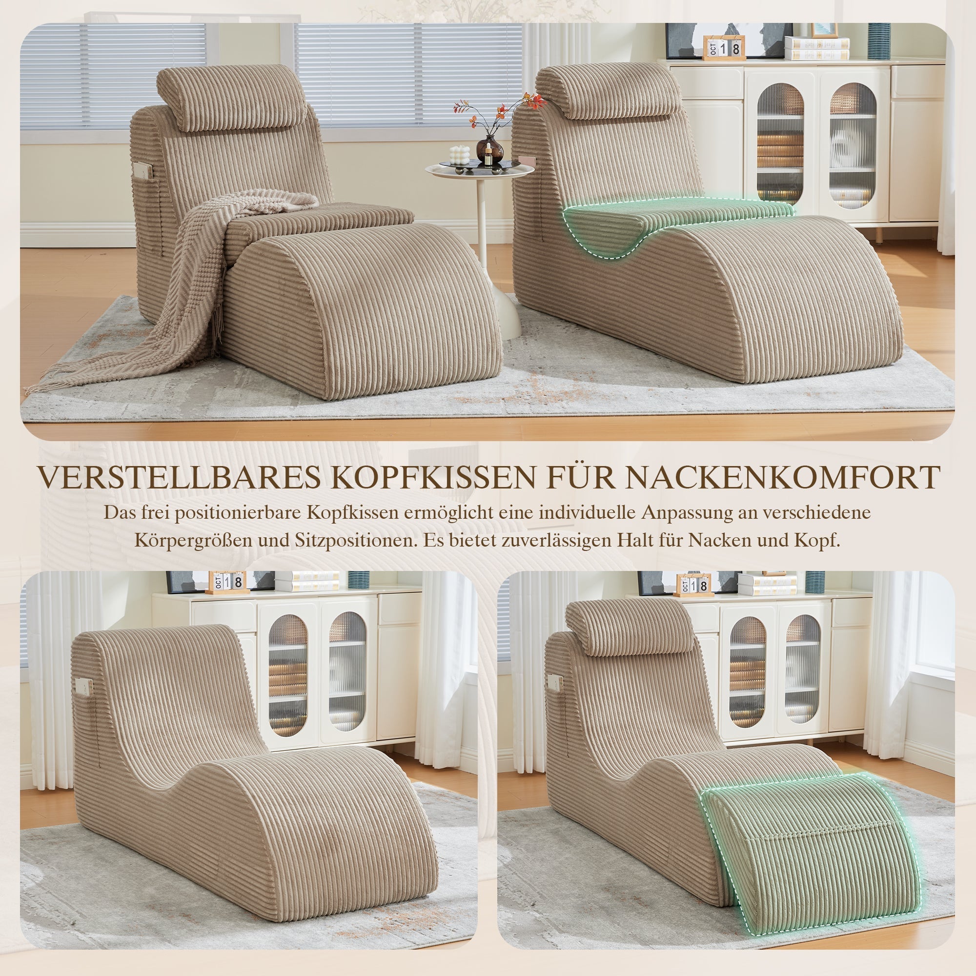Modern Leisure Chair with Ergonomic Design and Side Pocket, Khaki Corduroy