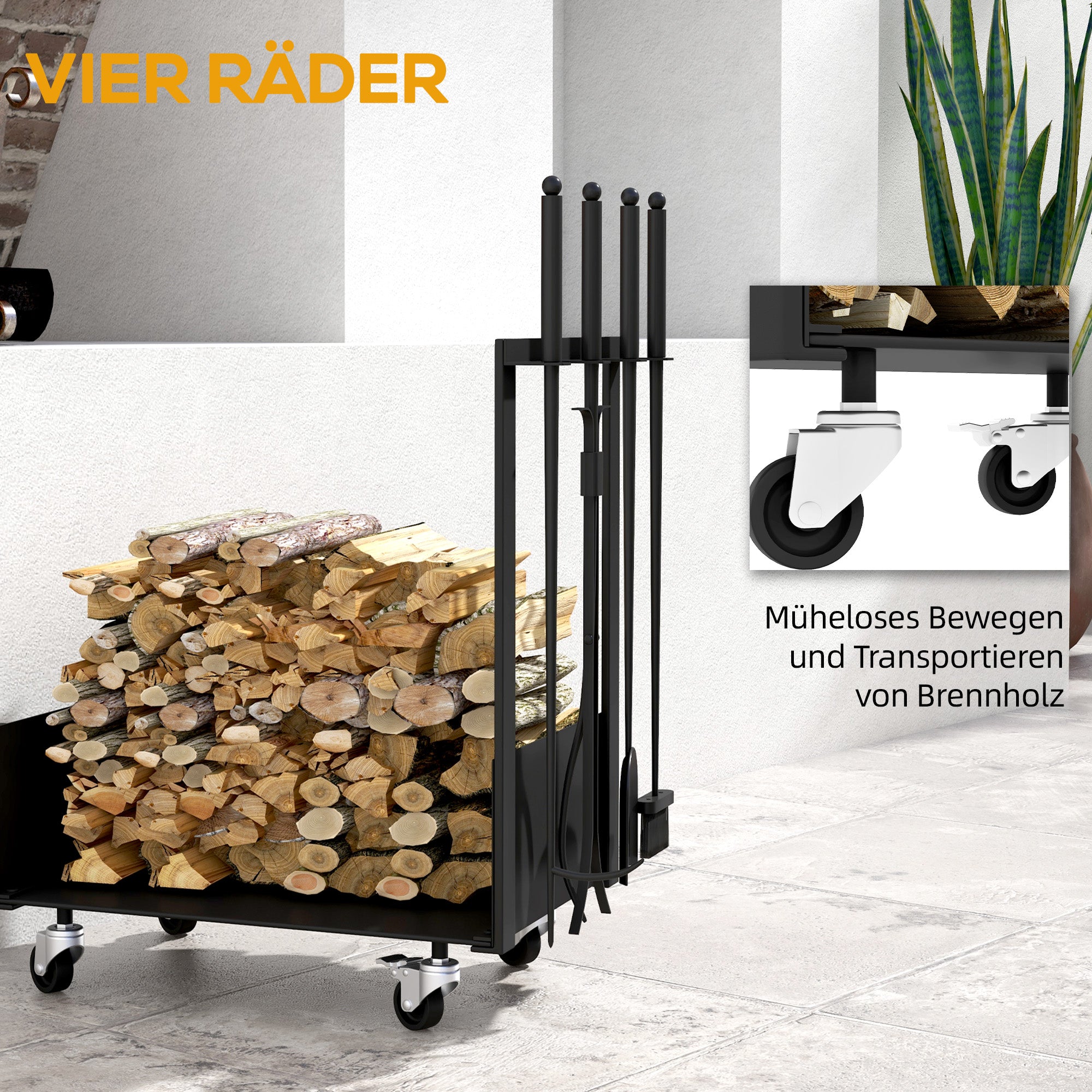Firewood Rack with Tools, Wheels, Side Hooks, Black Metal