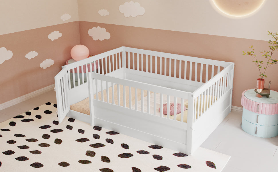Children's Bed, 140 x 200 cm Wooden Frame with Bars & Door, White