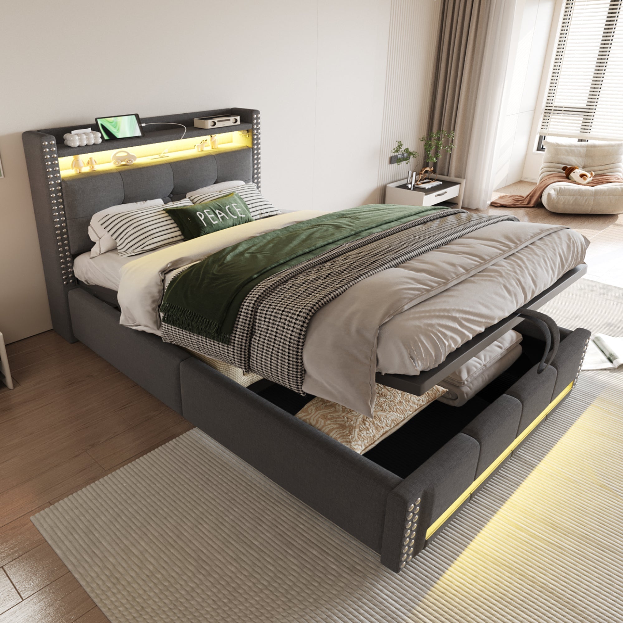 Upholstered Children's Bed 90x200cm, LED & USB, Storage Headboard, Grey Linen