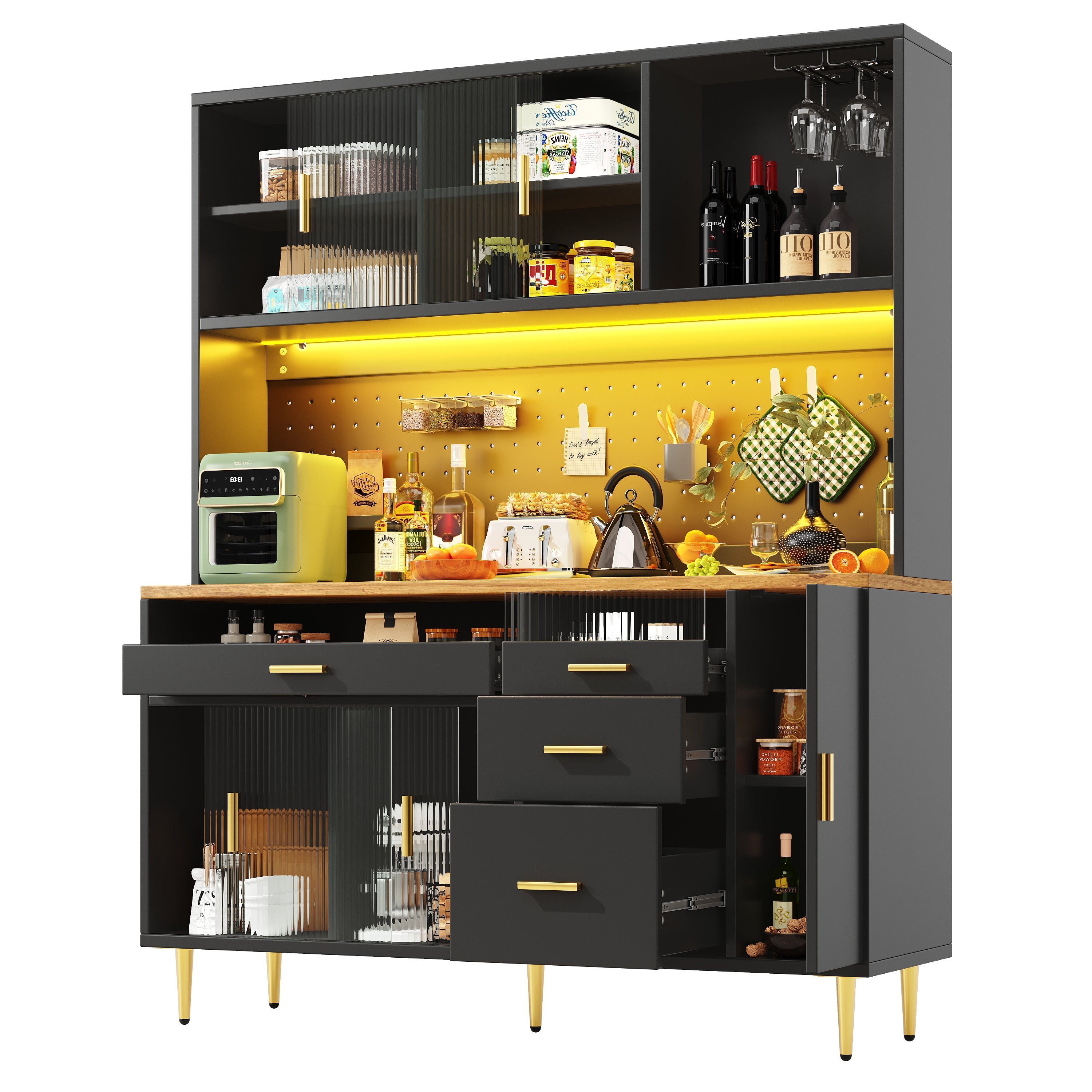 Tall Cabinet LED Lighting Pegboard Shelves Black