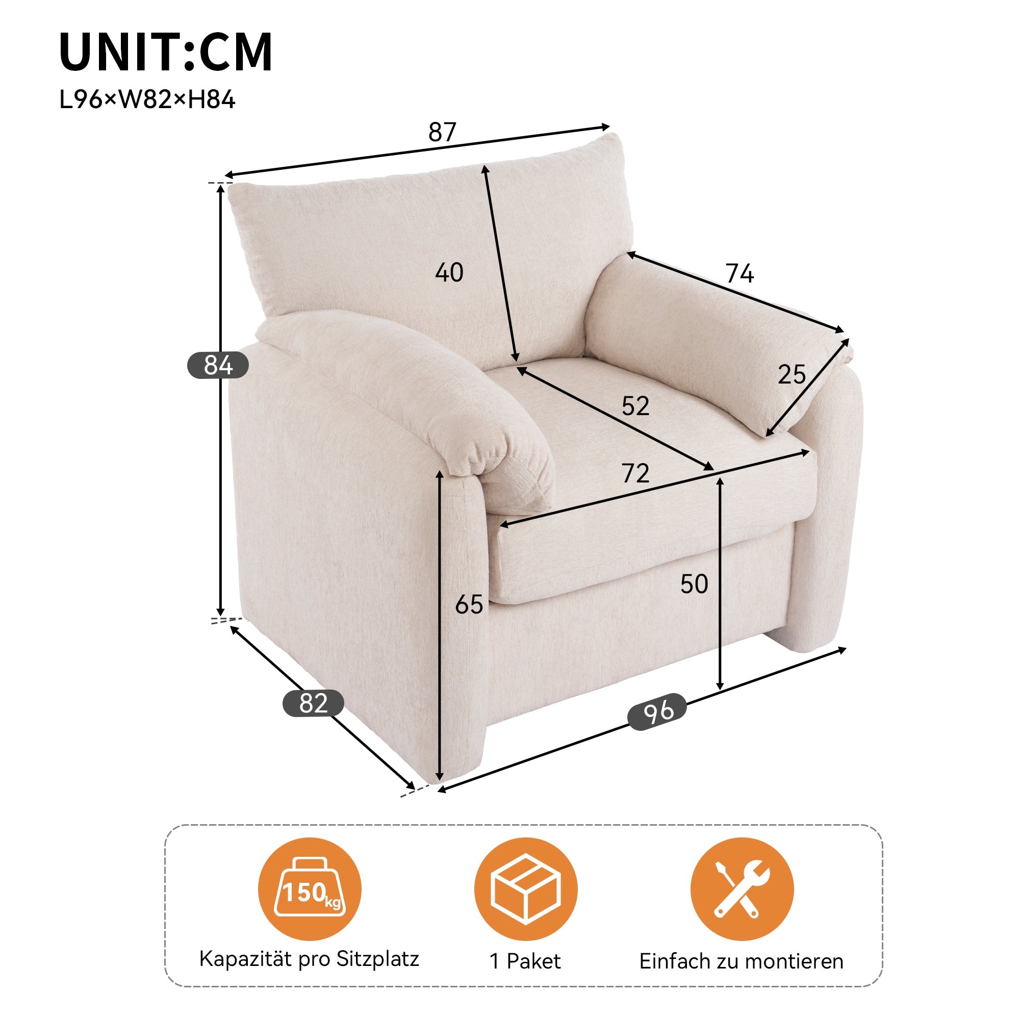 Modern design oversized armchair, decorative single sofa leisure chair, chenille fabric - Clearance