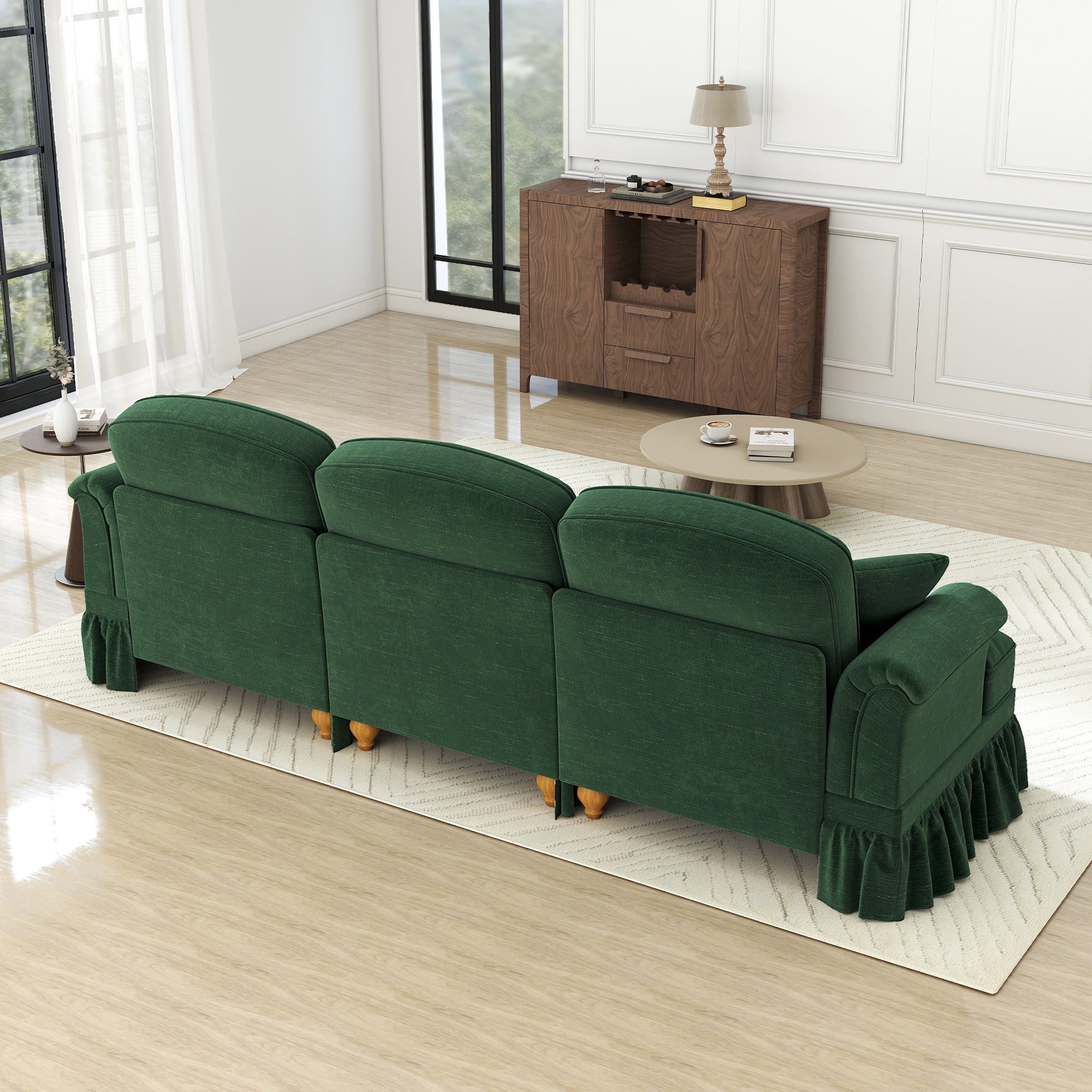 3-Seater Sofa Mid-Century Chenille Ruffled Apron Spindle Legs - Green