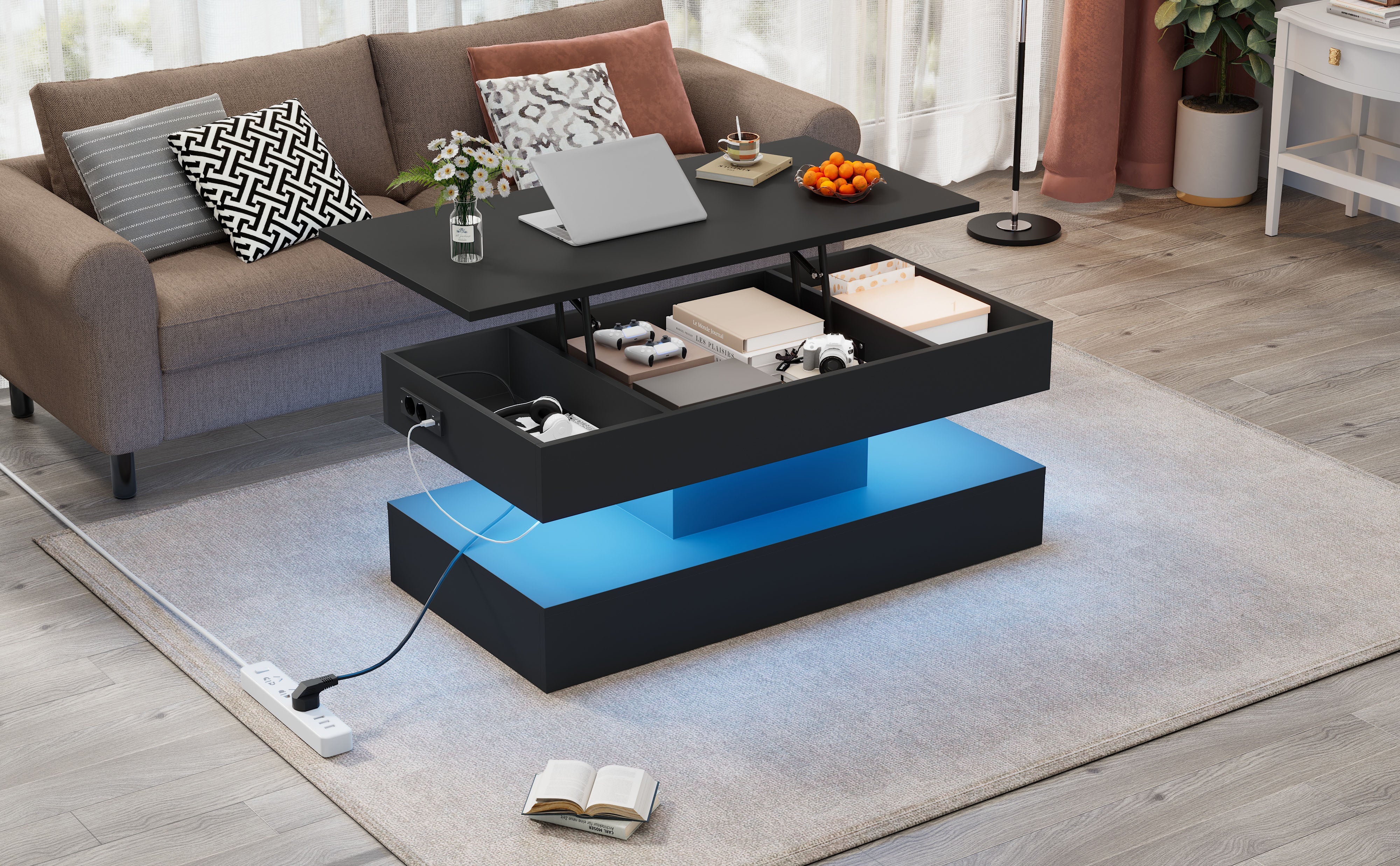 Modern Coffee Table with LED Lighting, Hidden Storage & Hydraulic Lift