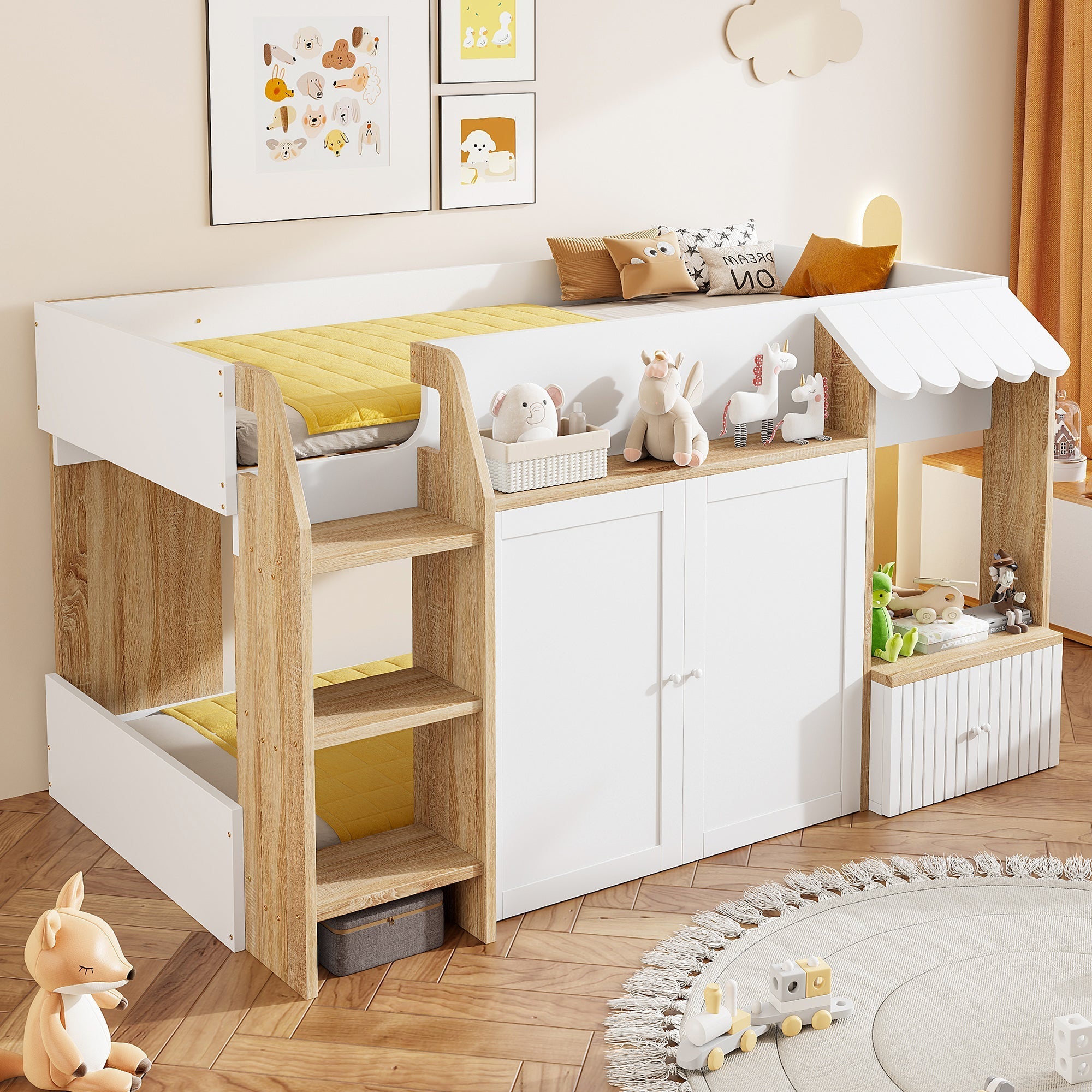 Children's House Bed 90x200 Mid-Height Storage Climbing Ladder - Solid Wood White/Natural
