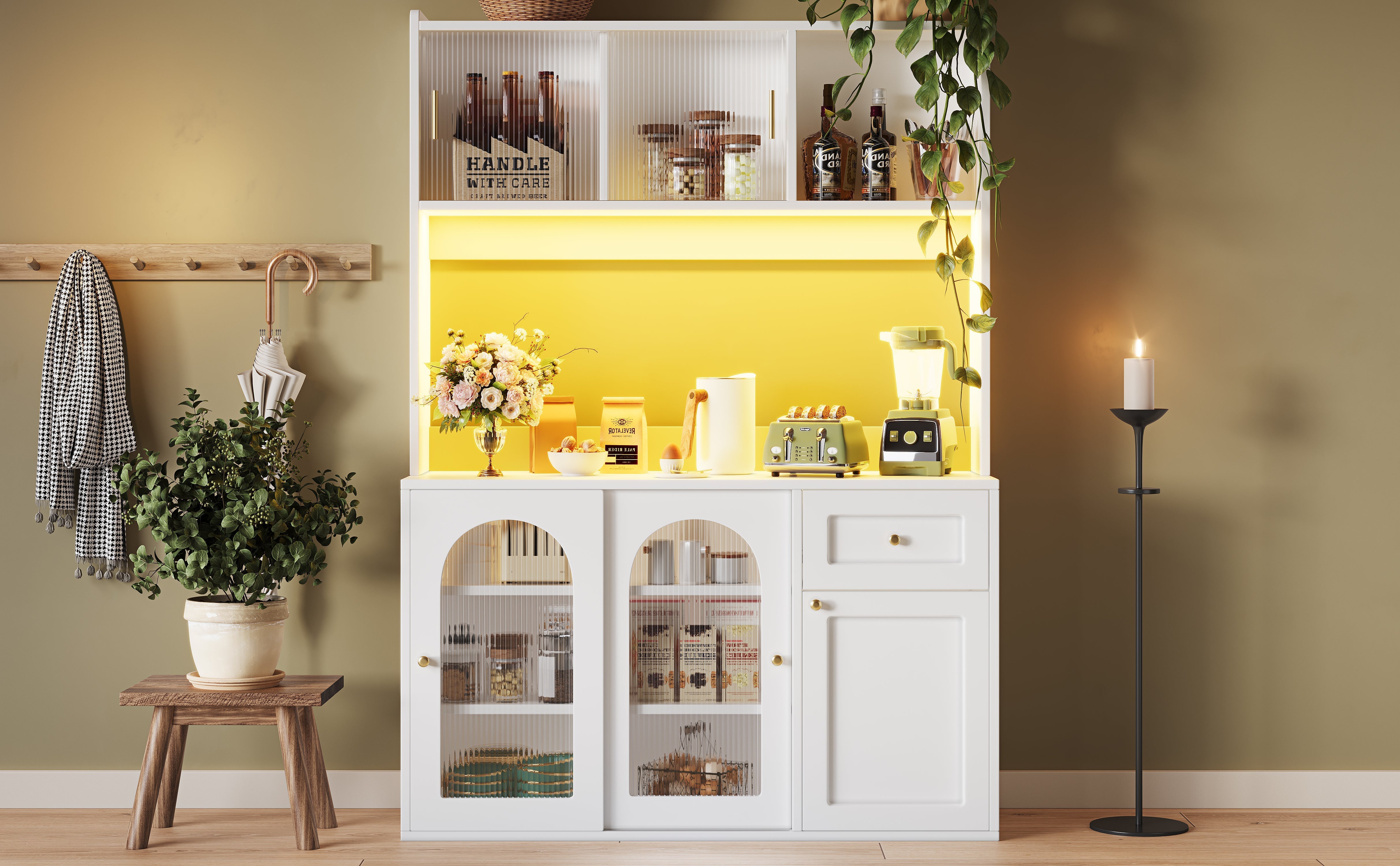 Kitchen Cabinet, Tall Display Buffet Sideboard with LED Lighting and Adjustable Shelves, White/Black