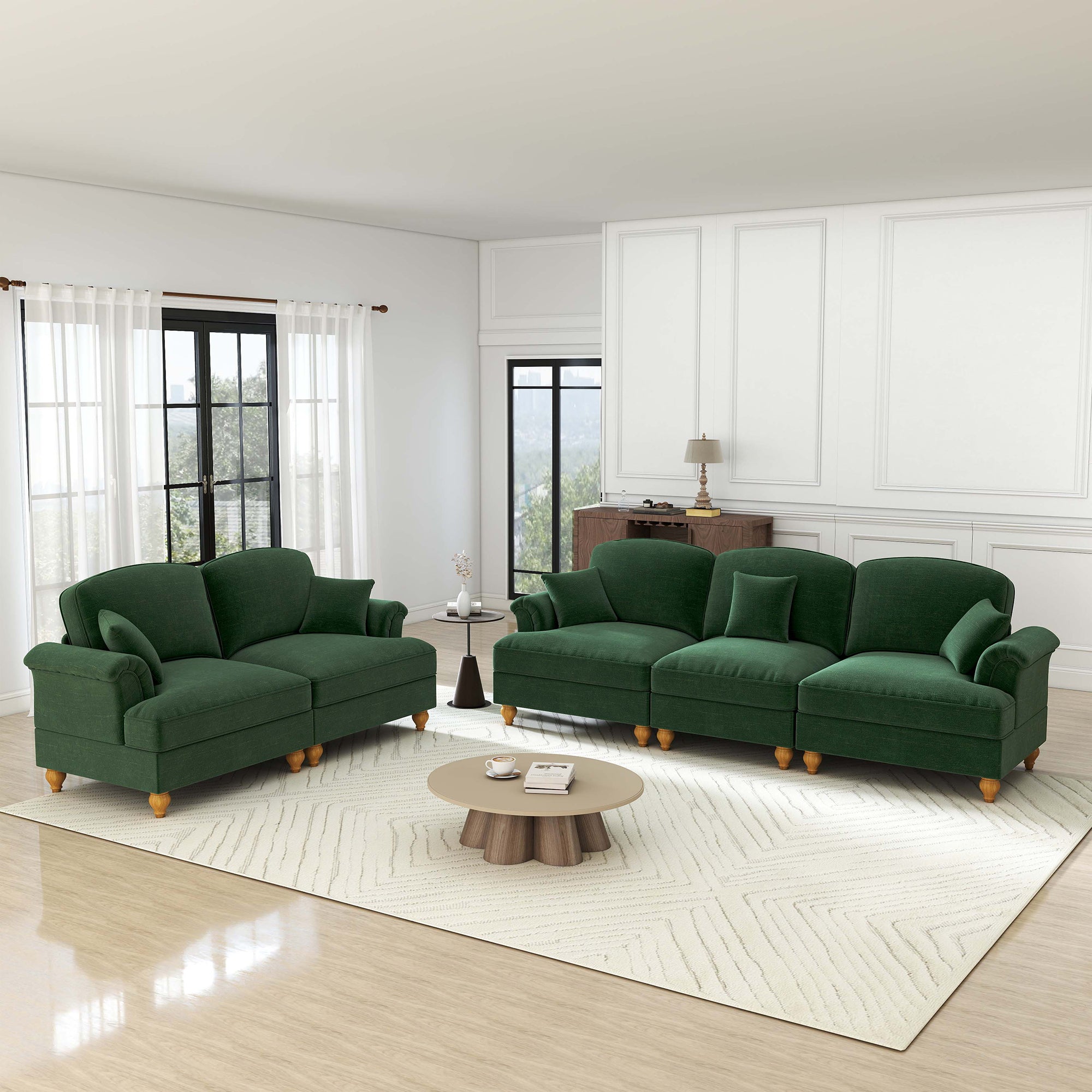 Classic 2-Piece Modular Sofa Set 3-Seater & 2-Seater Loveseat Ruffled Spindle Legs - Chenille Green