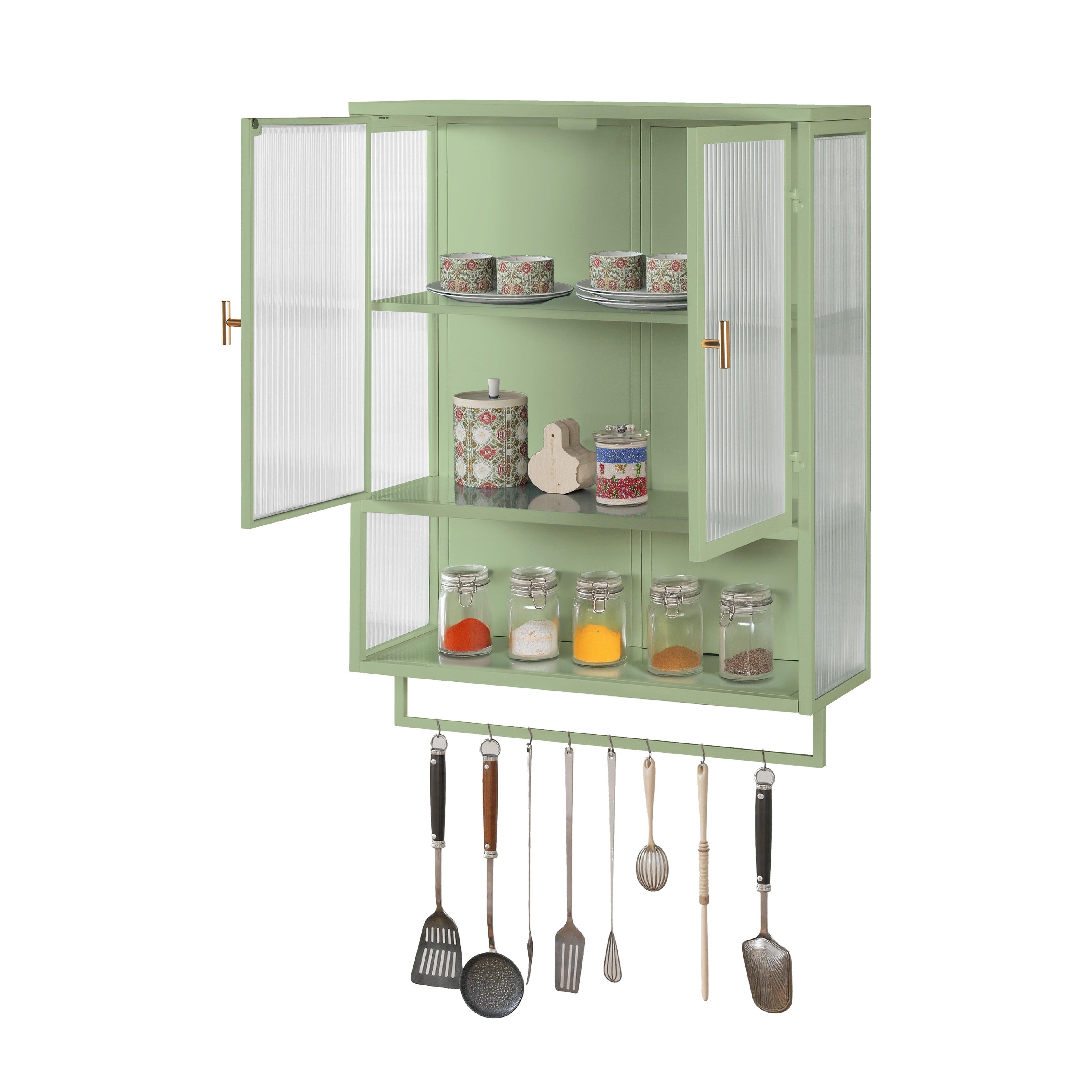 Wall Cabinet 60CM Glass Doors Two-tier Storage with Open Shelf & Towel Rack, Green