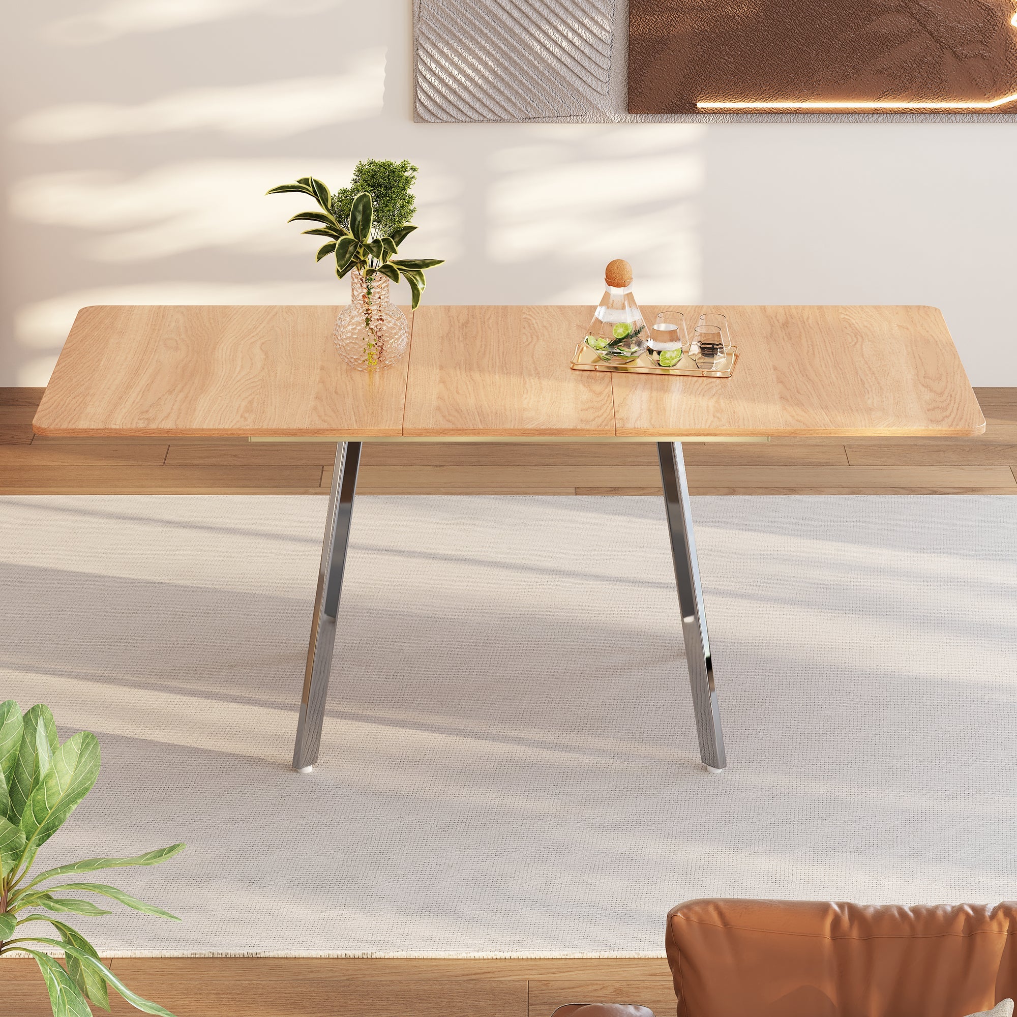 Extendable Dining Table, 140-180cm for 4-6 People with Alloy Support, Natural and Silver Chrome