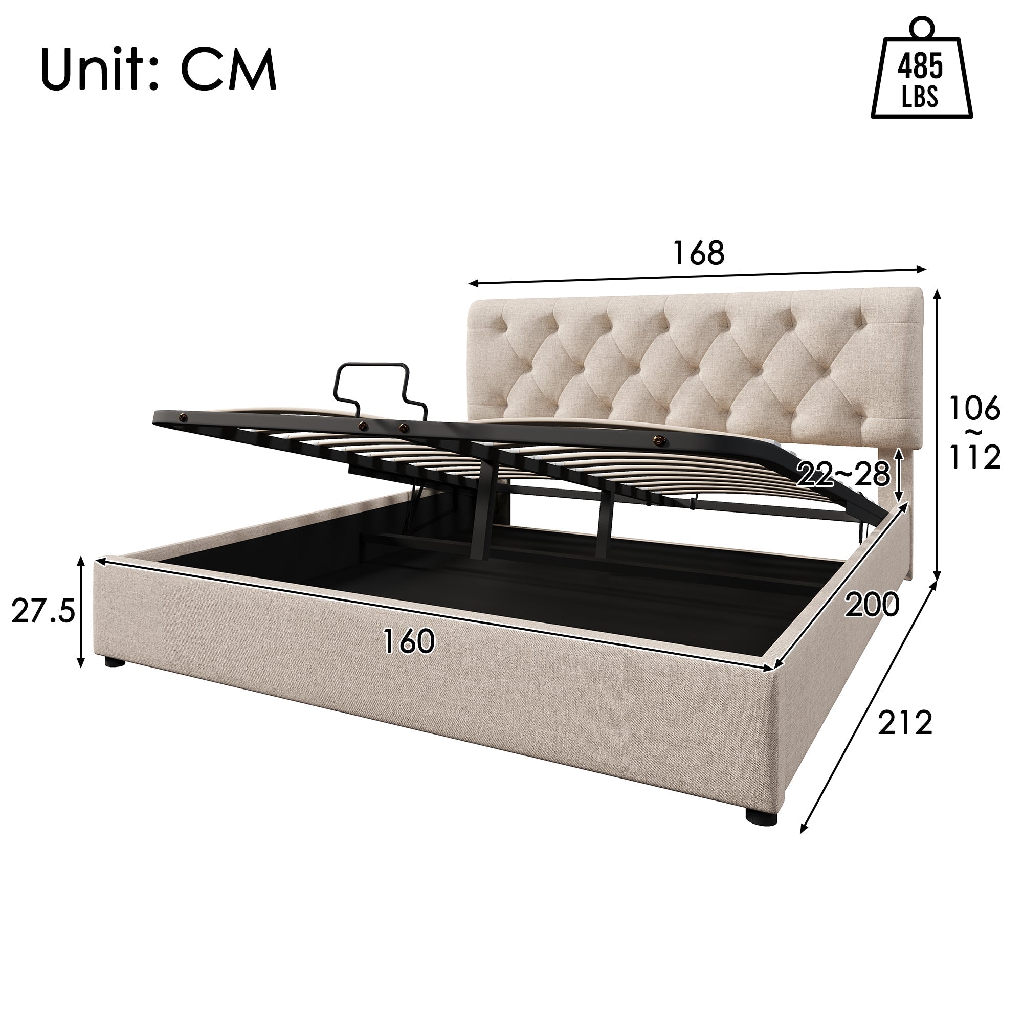 Hydraulic Double Bed, 160x200cm Upholstered with Storage, Natural
