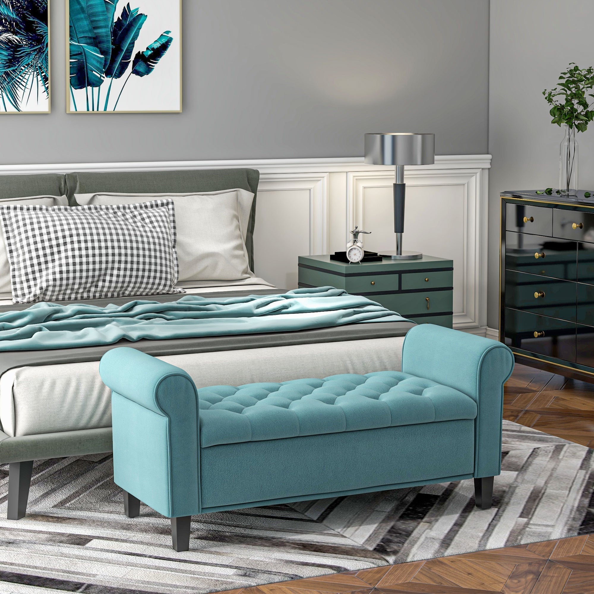 Upholstered Bench with Storage, 120 kg Load Capacity, 126x48.5x47 cm, Green Velvet Look