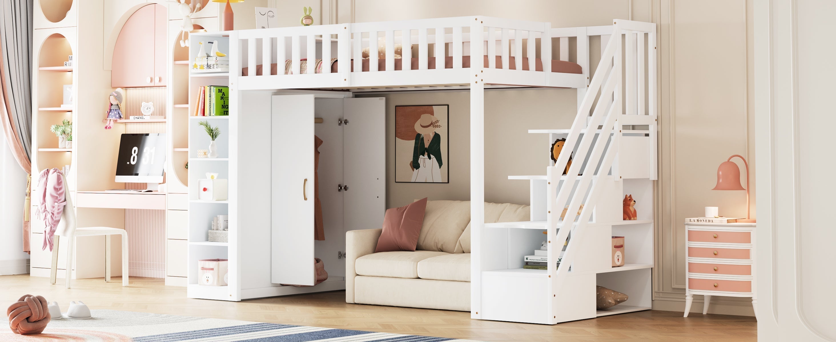 Loft Bed 90x200cm with Wardrobe Storage Cabinet Shelves & Ladder - White
