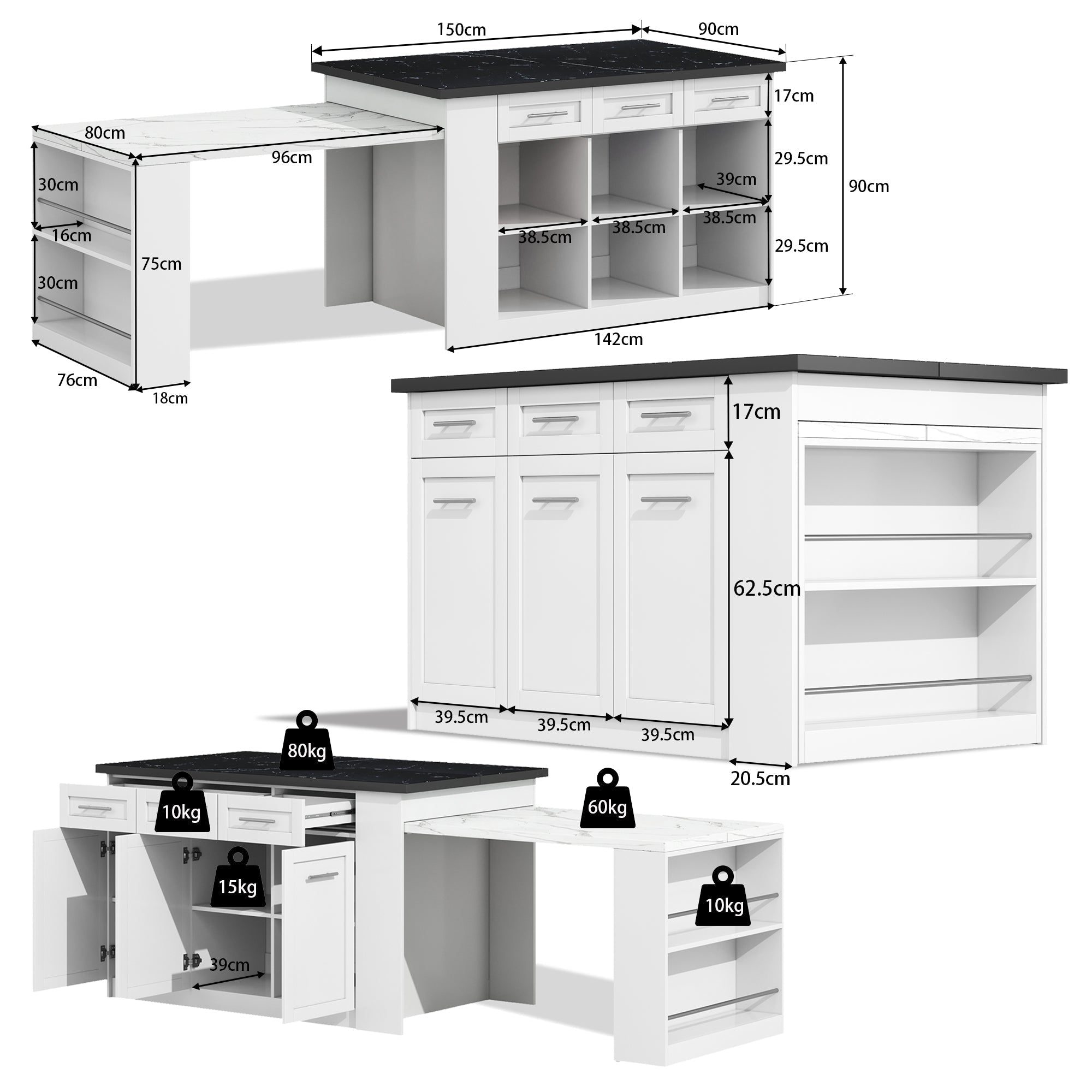 Kitchen Island Extendable Dining Table Storage Marbled Worktop White