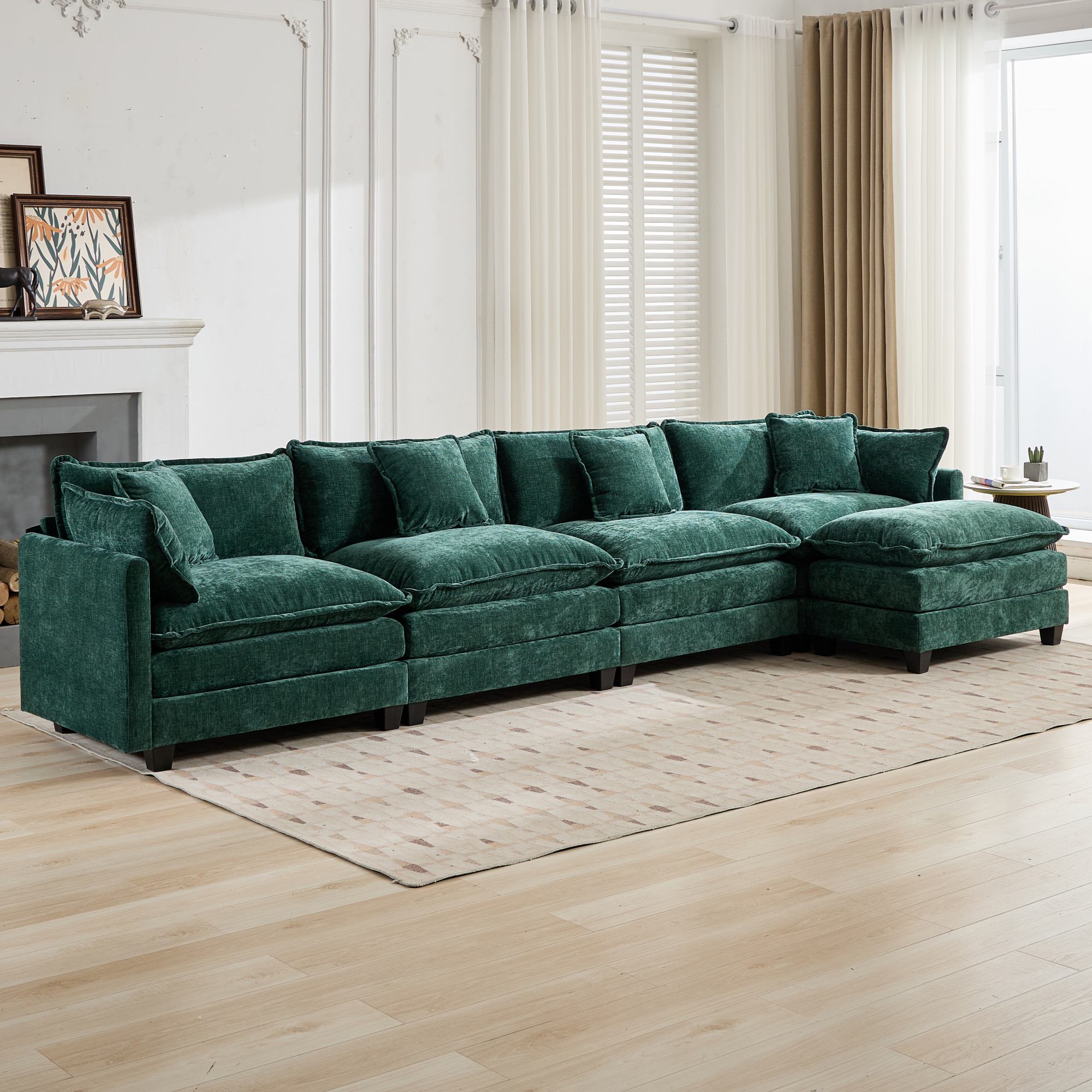 Cloud Sofa 4 Seats, Modern Modular Sectional Couch with Double Layer Upholstered Cushions, Green Chenille Fabric