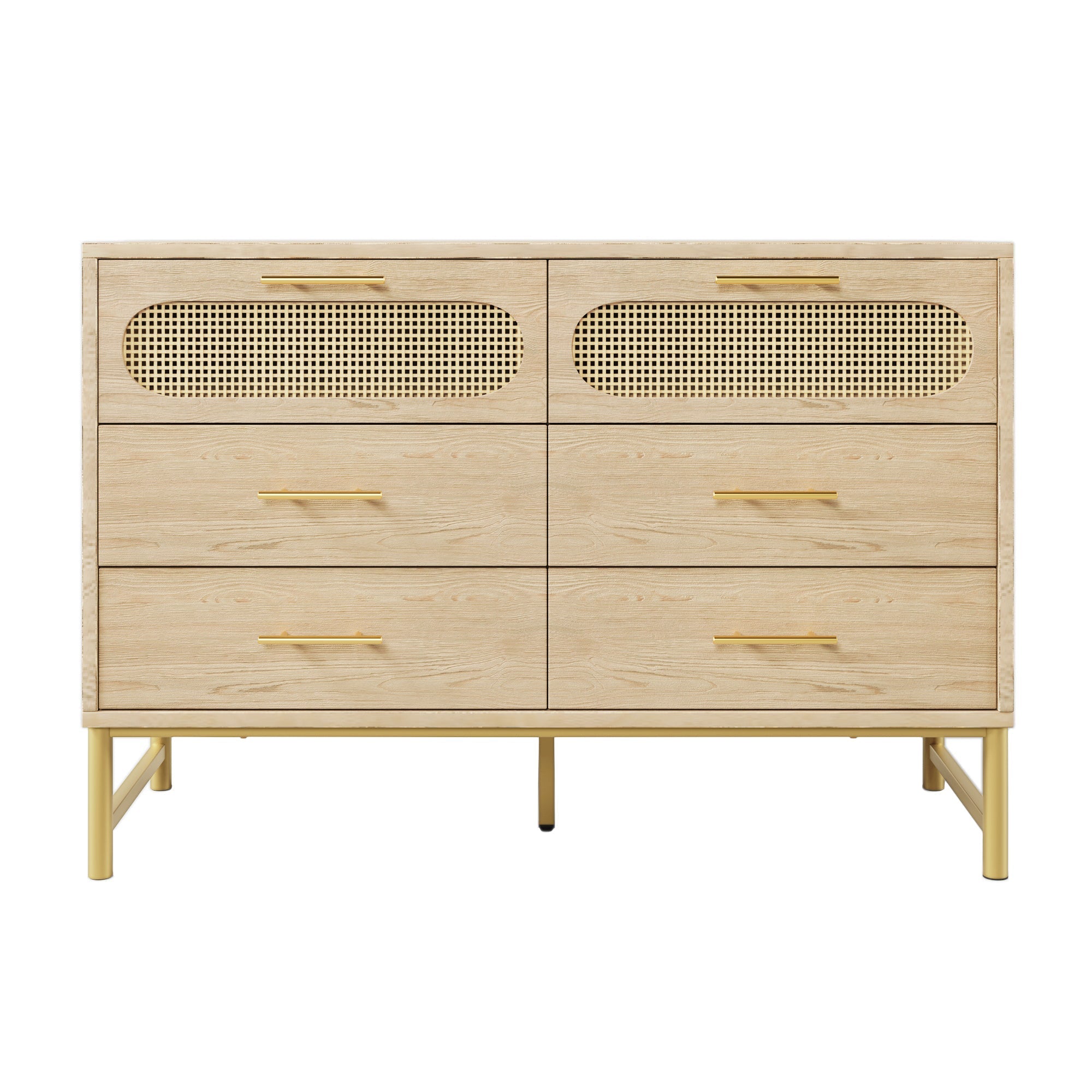 Rattan Sideboard, 6 Drawers Dresser Dressing Table, Sonoma Oak