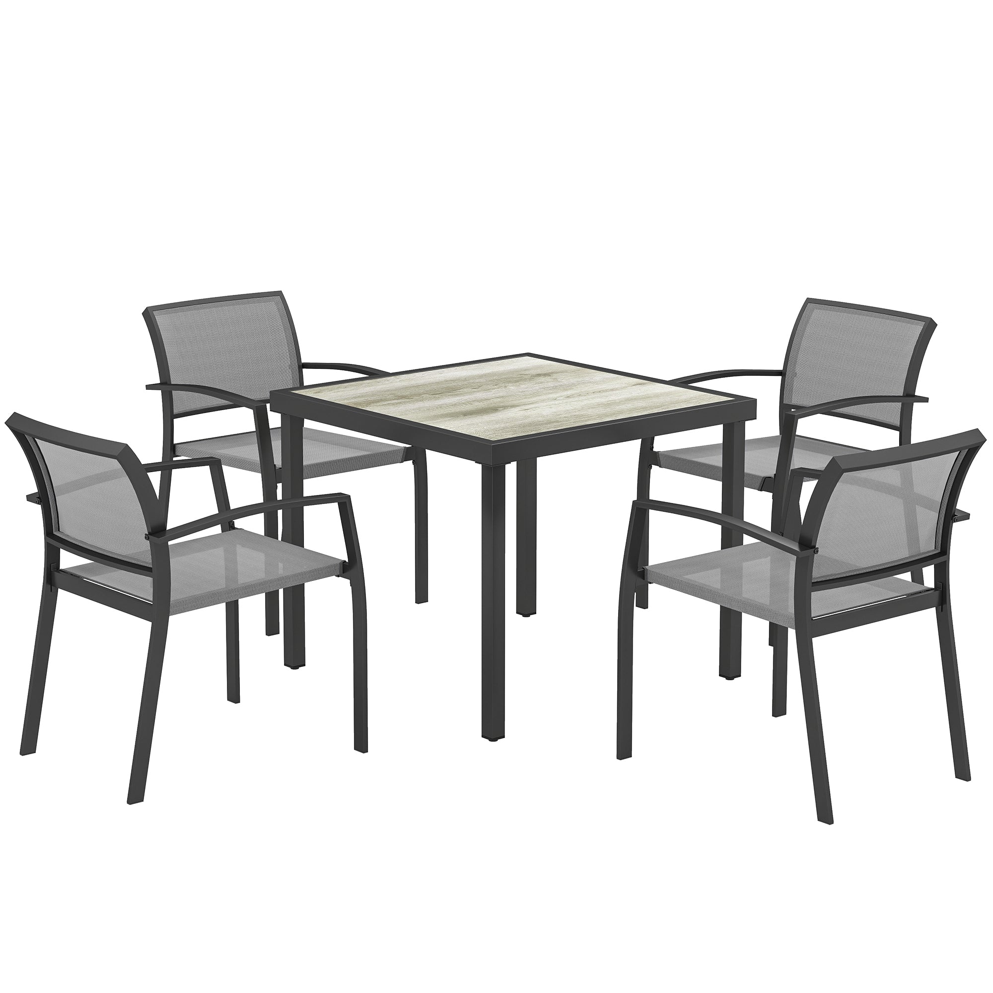 Five-Piece Outdoor Garden Dining Set, Square Table 4 Stackable Chairs, Grey